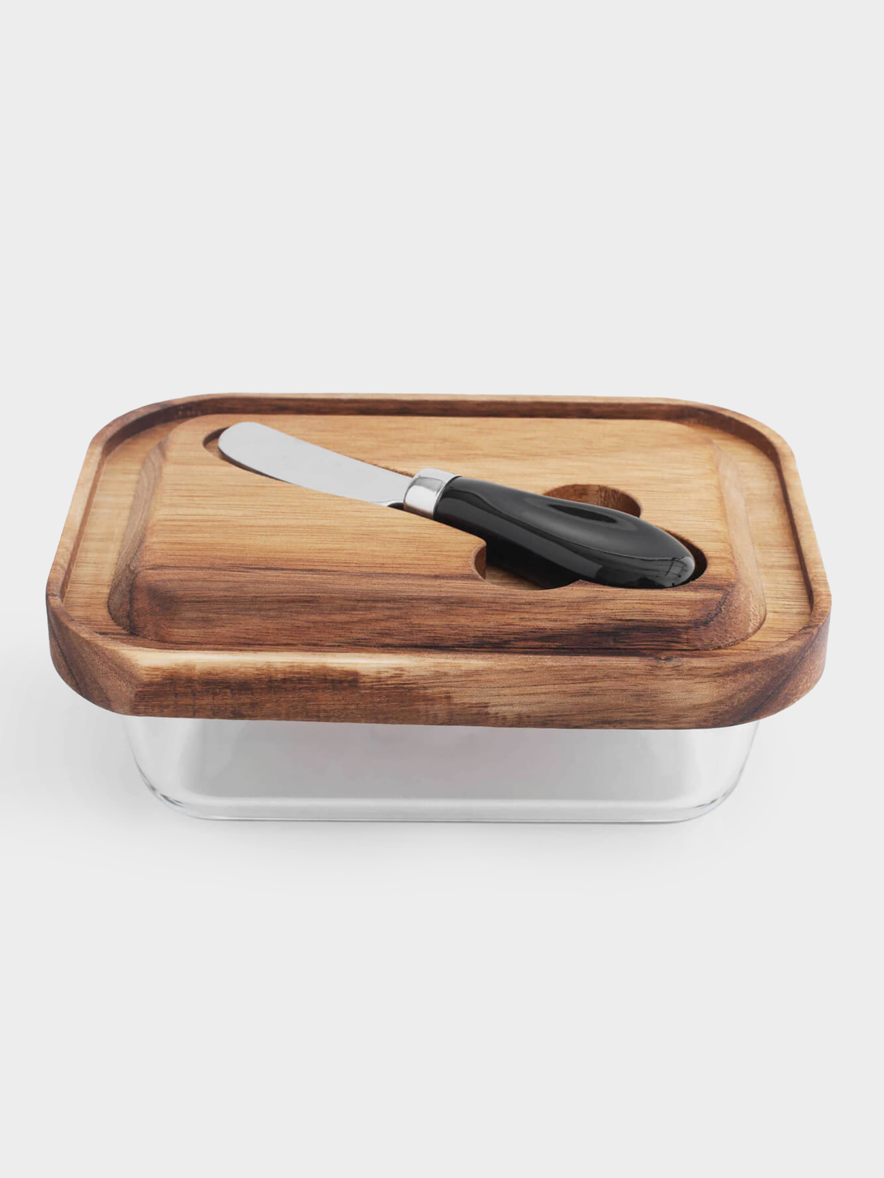 Butter dish, 18 cm, with knife, wood/glass / steel, rectangular, Noble tree, image-1