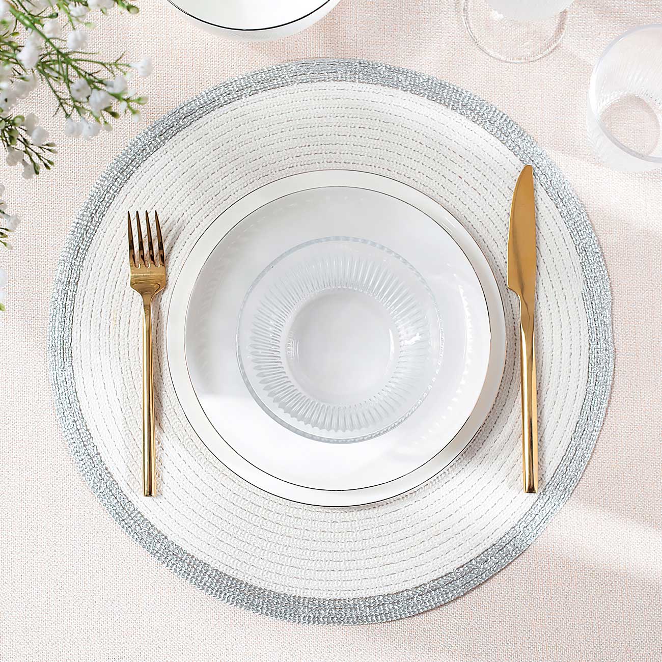 Instrument napkin, 38 cm, polyester, round, white, Silver border, Rotary rim