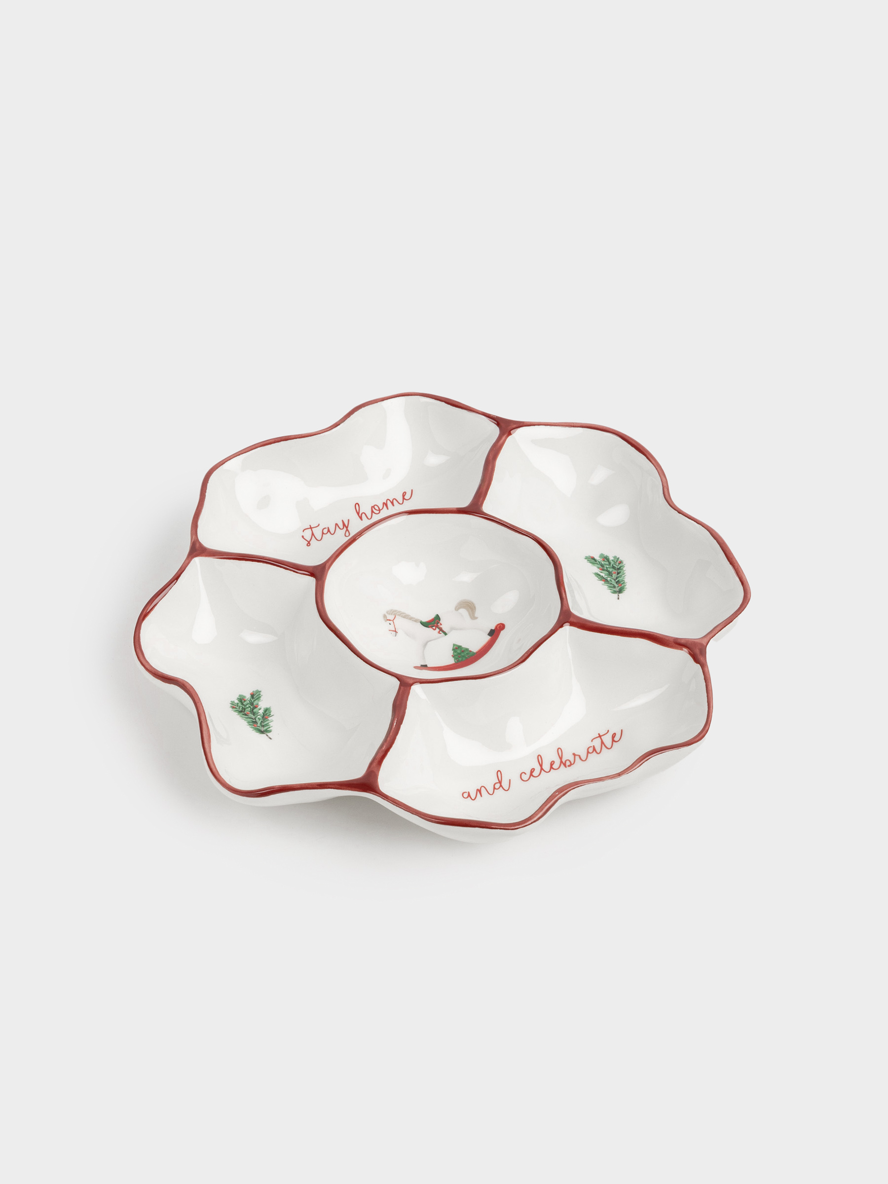 Divided plate, 25 cm, 5 compartments, ceramics, Horse and fir branches, Christmas tree, image-1