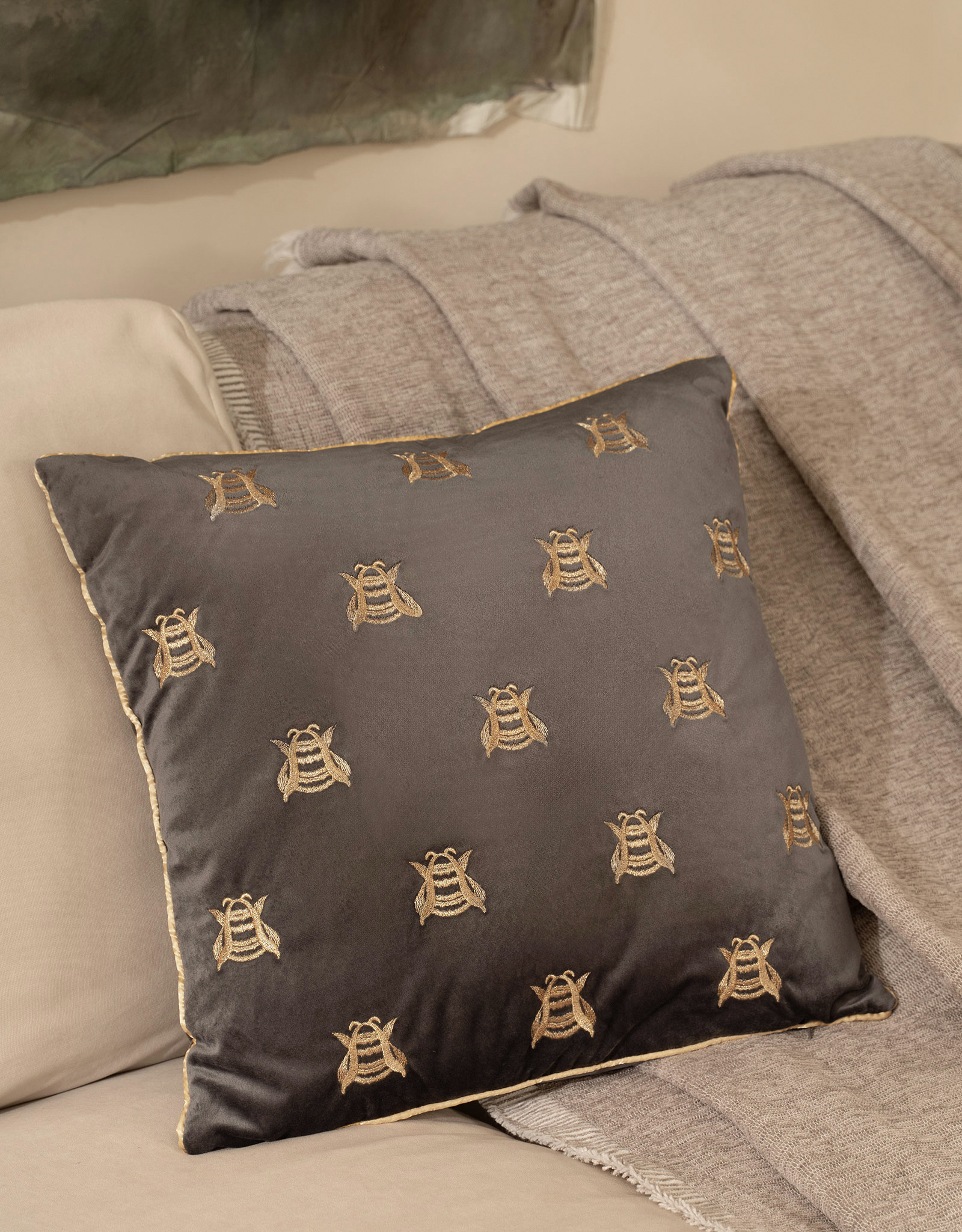 Decorative pillow, 45x45, corduroy, gray, Bees, Honey