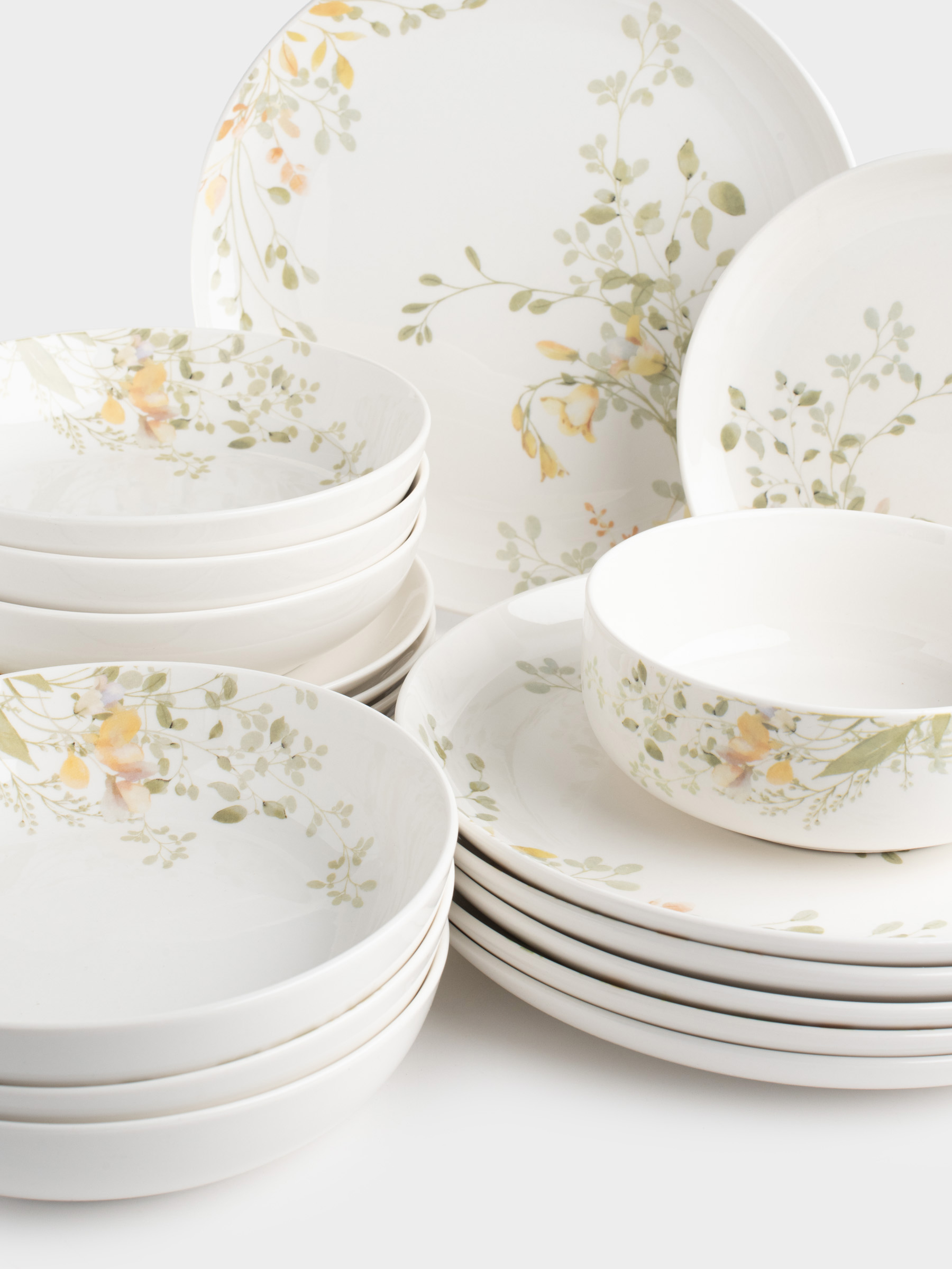 Dining set, 6 pers, 19 pr, porcelain N, white, Flowers and leaves, Floreale, image-1