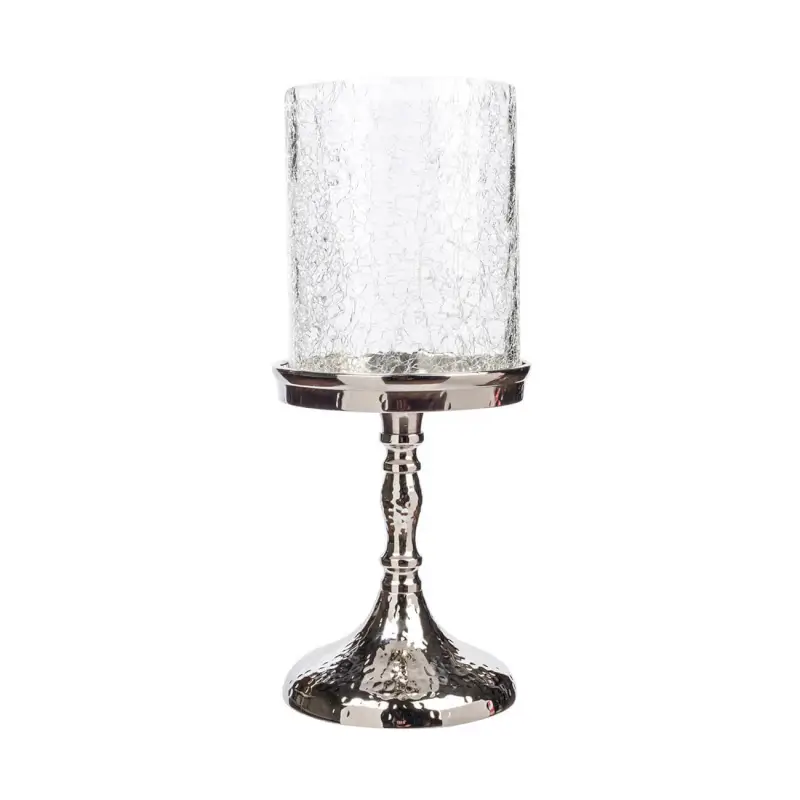 Candle holder, 26 cm, on a leg, glass / metal, silver, Craquelure, Fantastic R