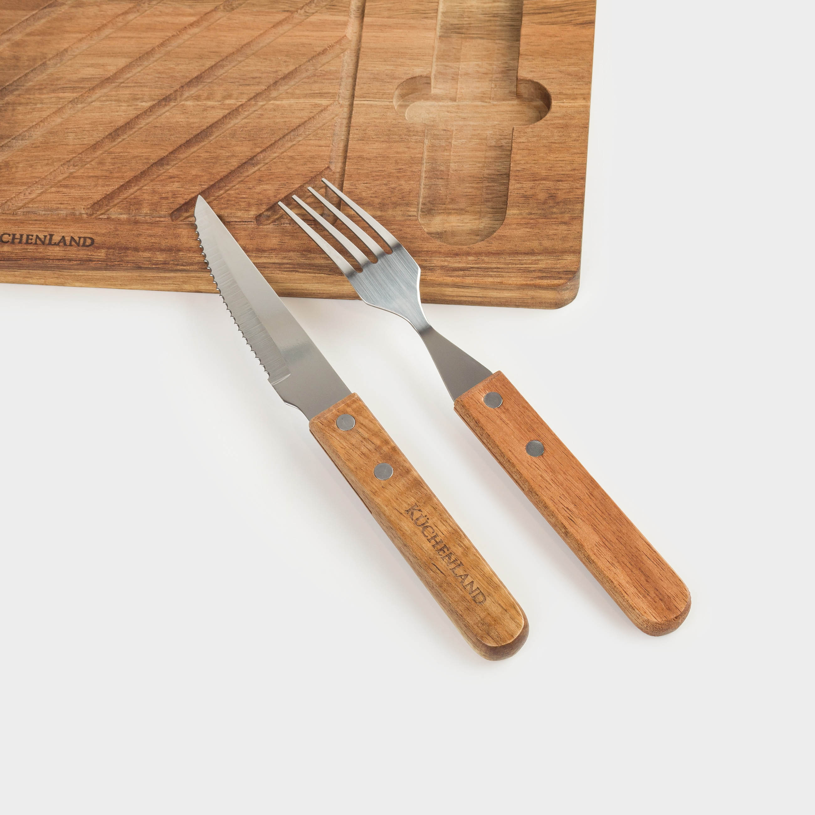 Steak serving set, 1 person, 3 items, wood / steel, BBQ
