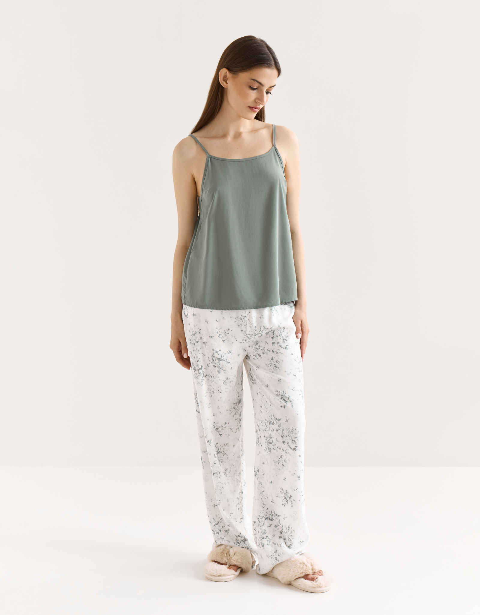 Women's trousers, homewear, size L, viscose, milky, Flowers, Arsinoa, image-0
