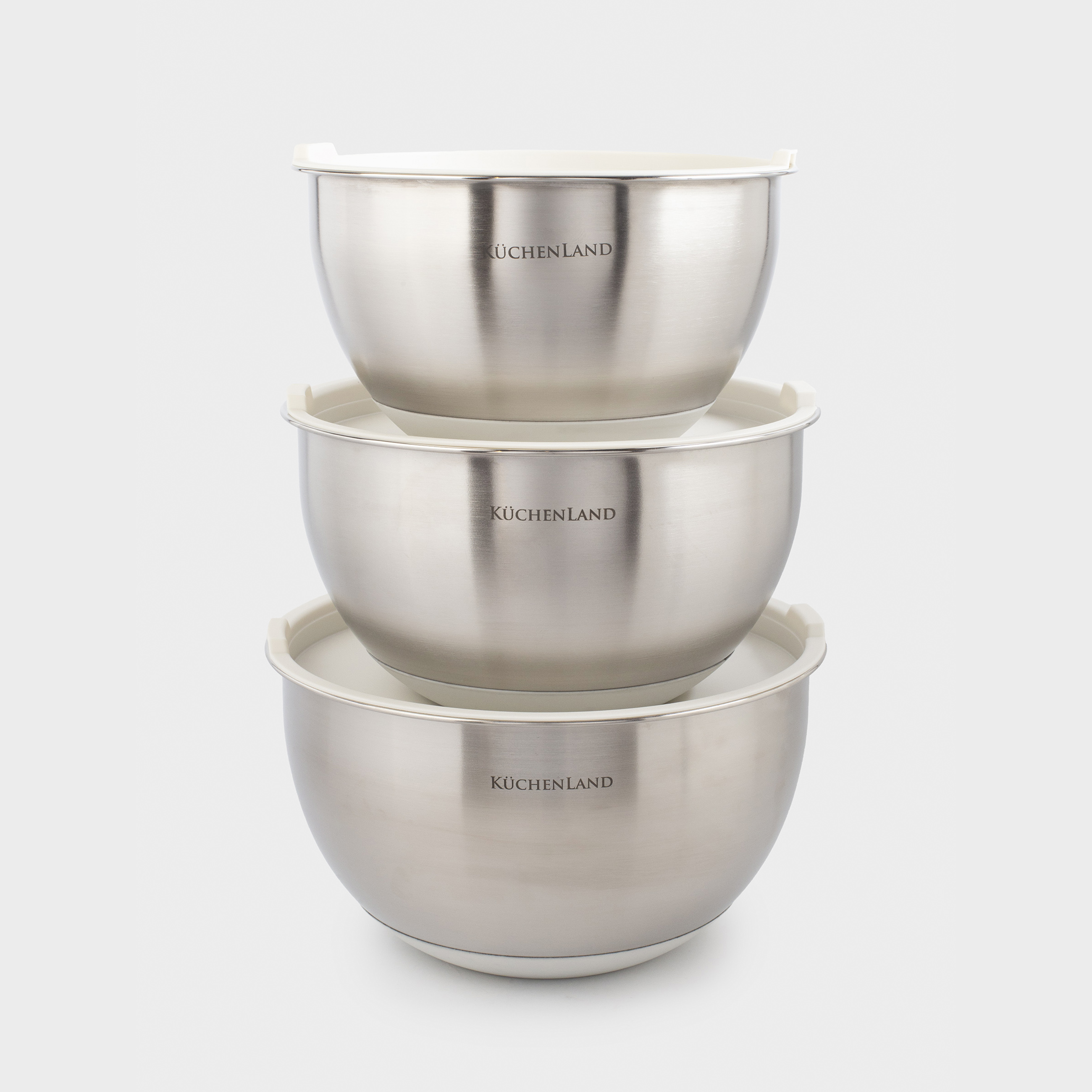 A bowl, 2,5/3/4,5 l, 3 pcs, with lid, anti-slip bottom, steel / plastic, beige, Terra