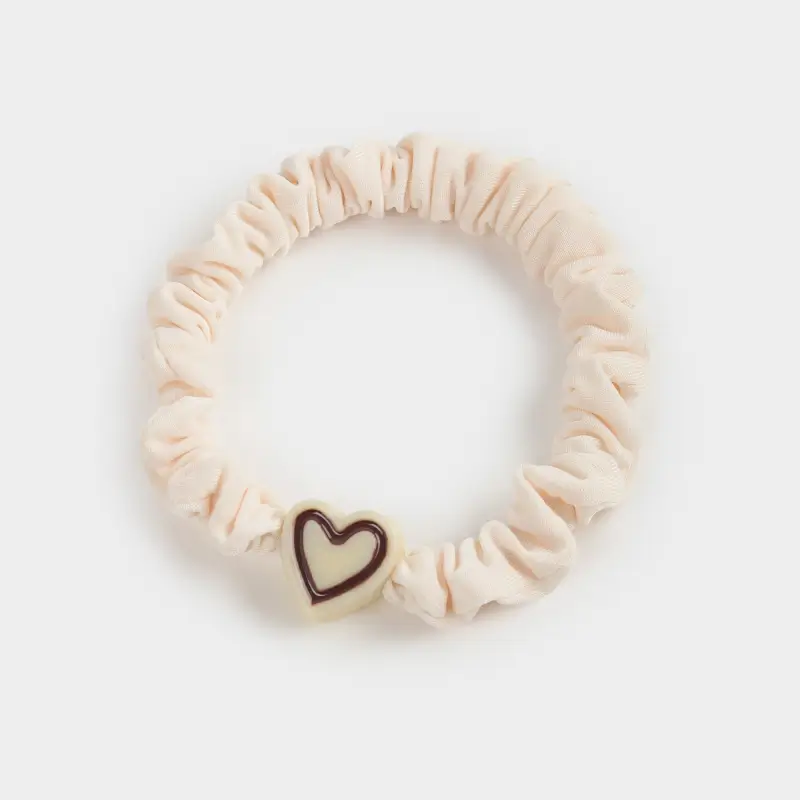 Elastic hair band, 5 cm, satin / plastic, beige, Heart, Silk ,image-0