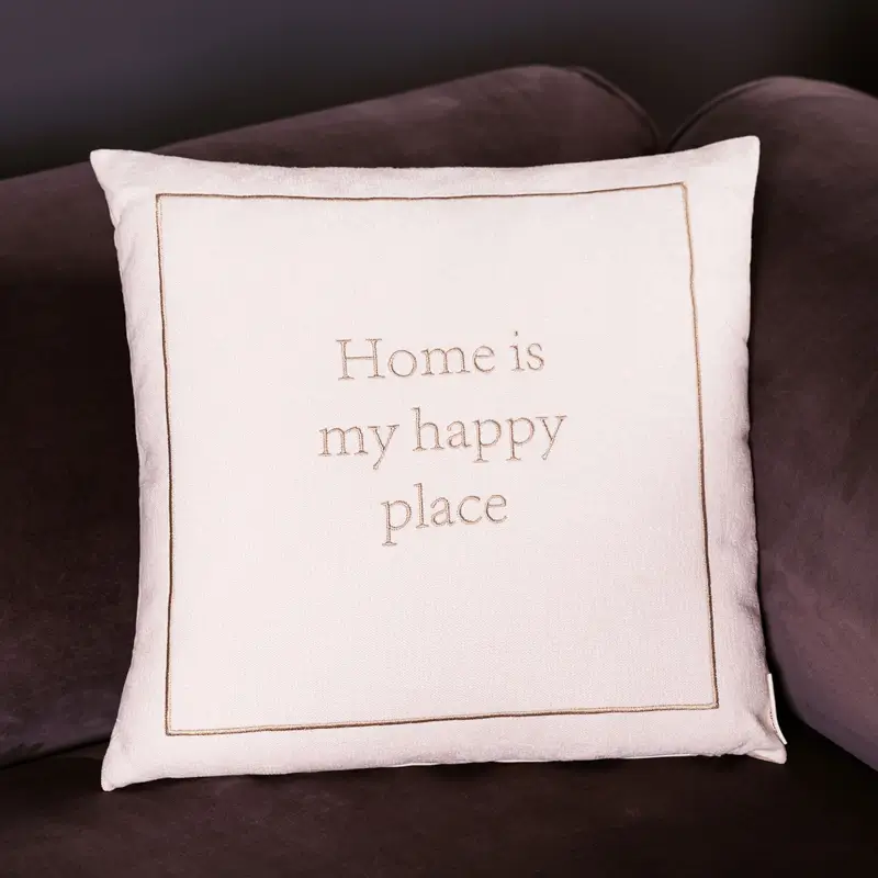 Decorative pillow, 45x45 cm, chenille/corduroy, milk, Home is my happy place, Chenill ,image-0