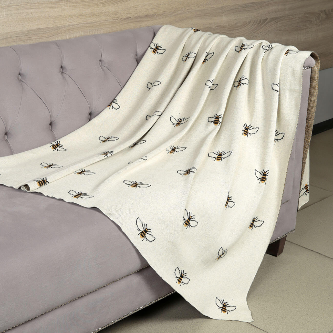 Plaid, 130x170 cm, cotton, beige, Bees, Honey
