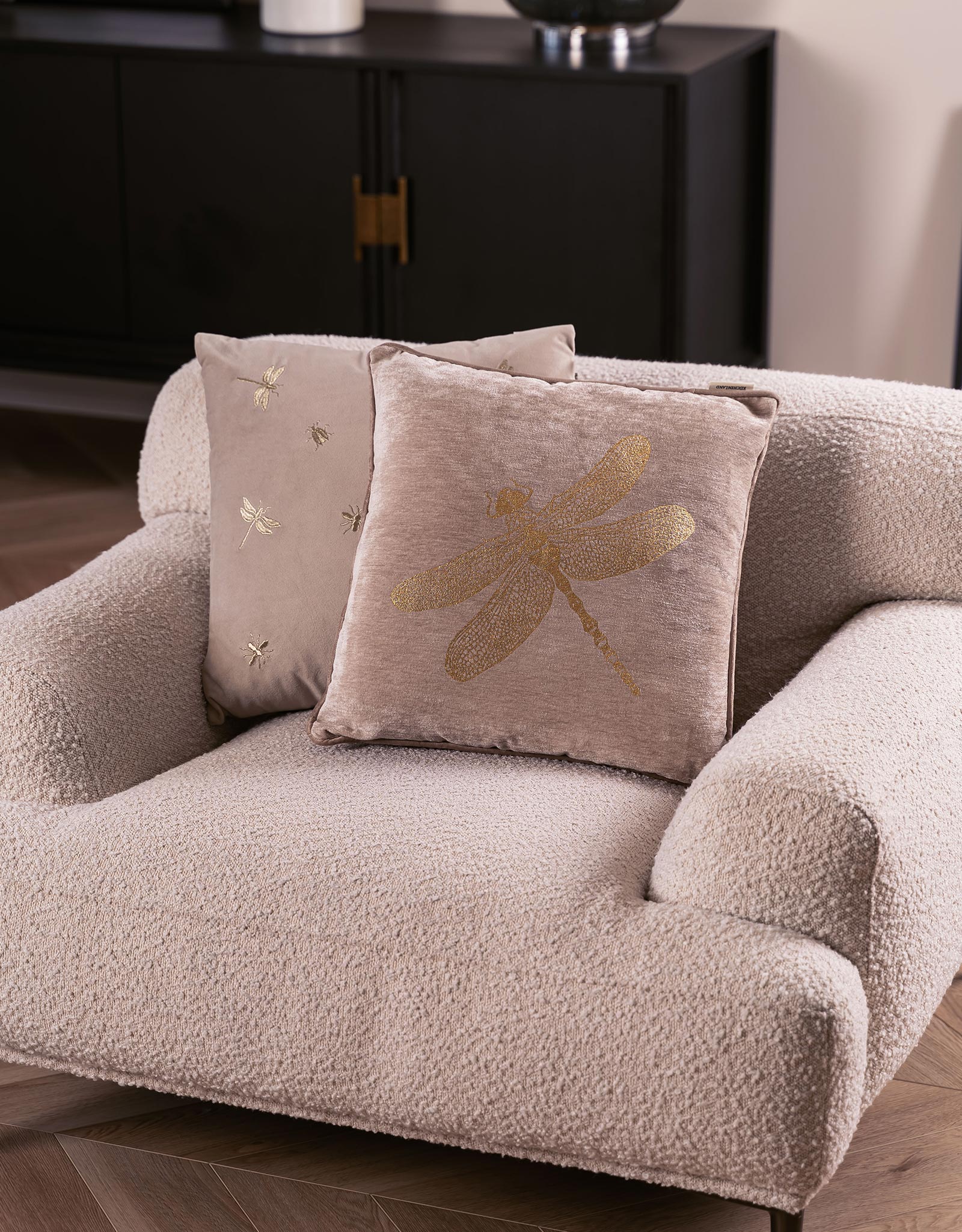 Decorative pillow, 45x45 cm, chenille / corduroy, gray-beige, Dragonfly, Dragonfly