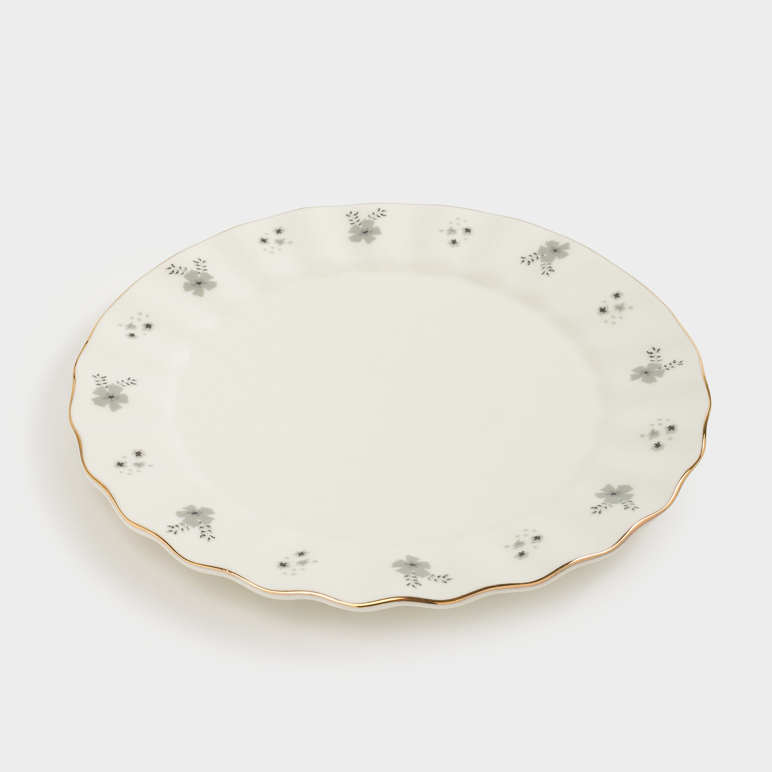 Dessert plate, 20 cm, porcelain P, milky, with golden edging, gray flowers, Florals, image-2