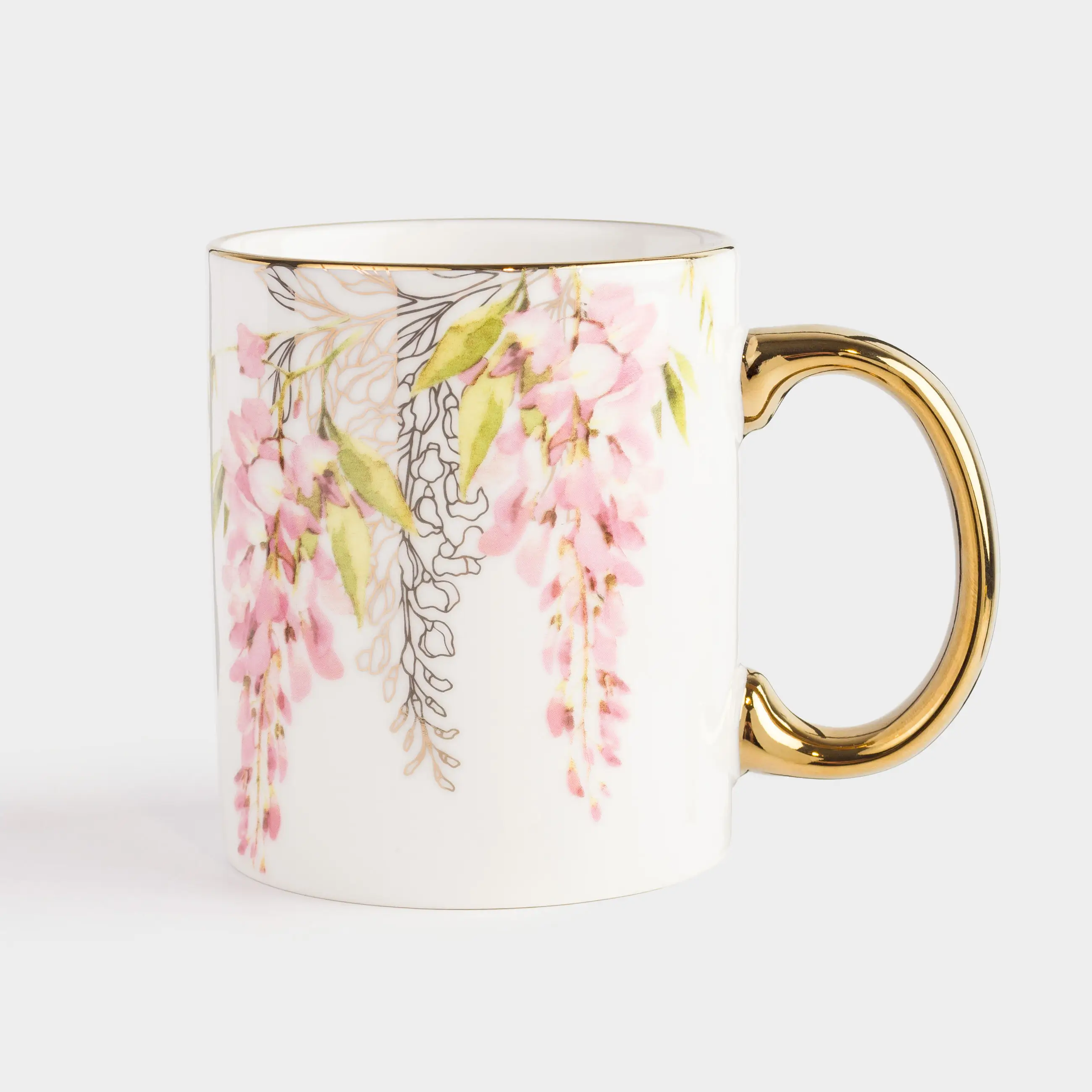 Mug, 350 ml, porcelain N, white-gold, Wisteria, Flower garden, image-0