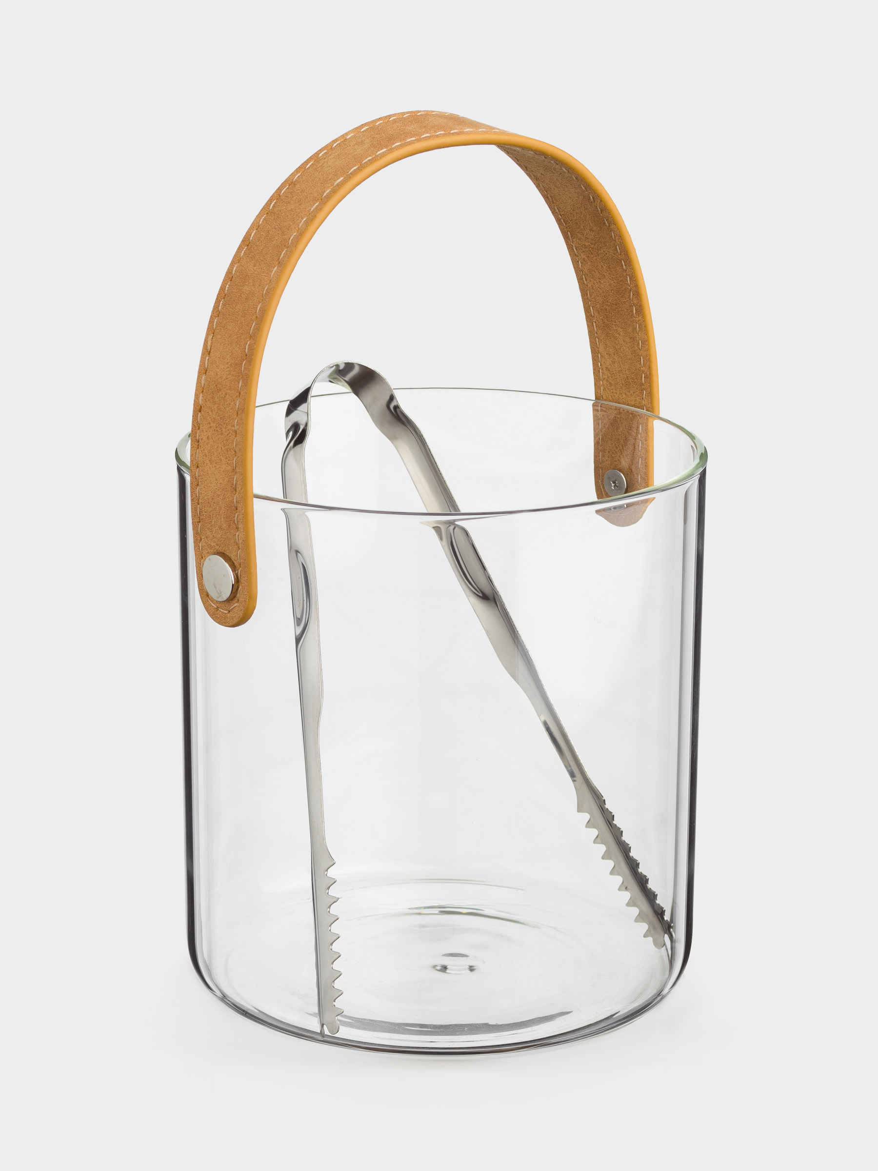 Ice bucket, 14 cm, with handle and tongs, Glass / PU leather, Clear devo, image-2