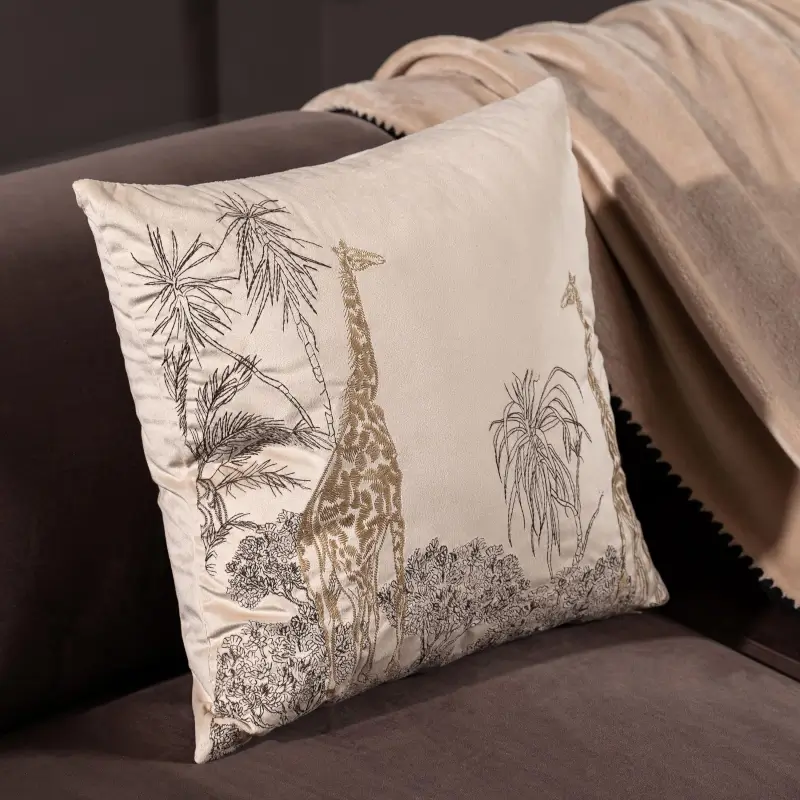 Decorative pillow, 45x45 cm, corduroy, sand, Giraffes, Tropical oasis ,image-0