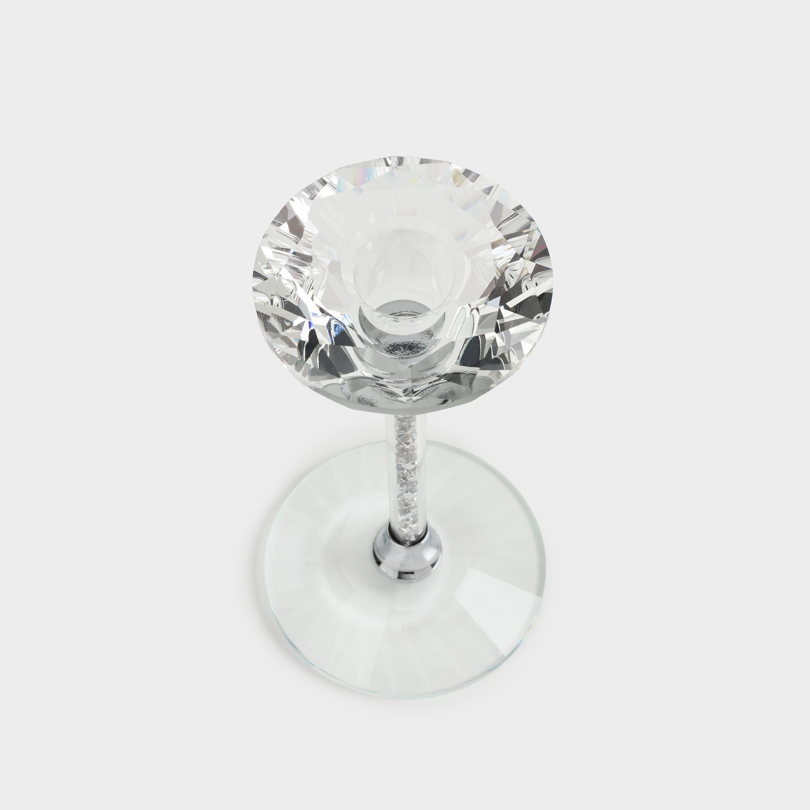 Candlestick, 15 cm, for a thin candle, on a leg, glass / rhinestones, Silver crystals, Diamond