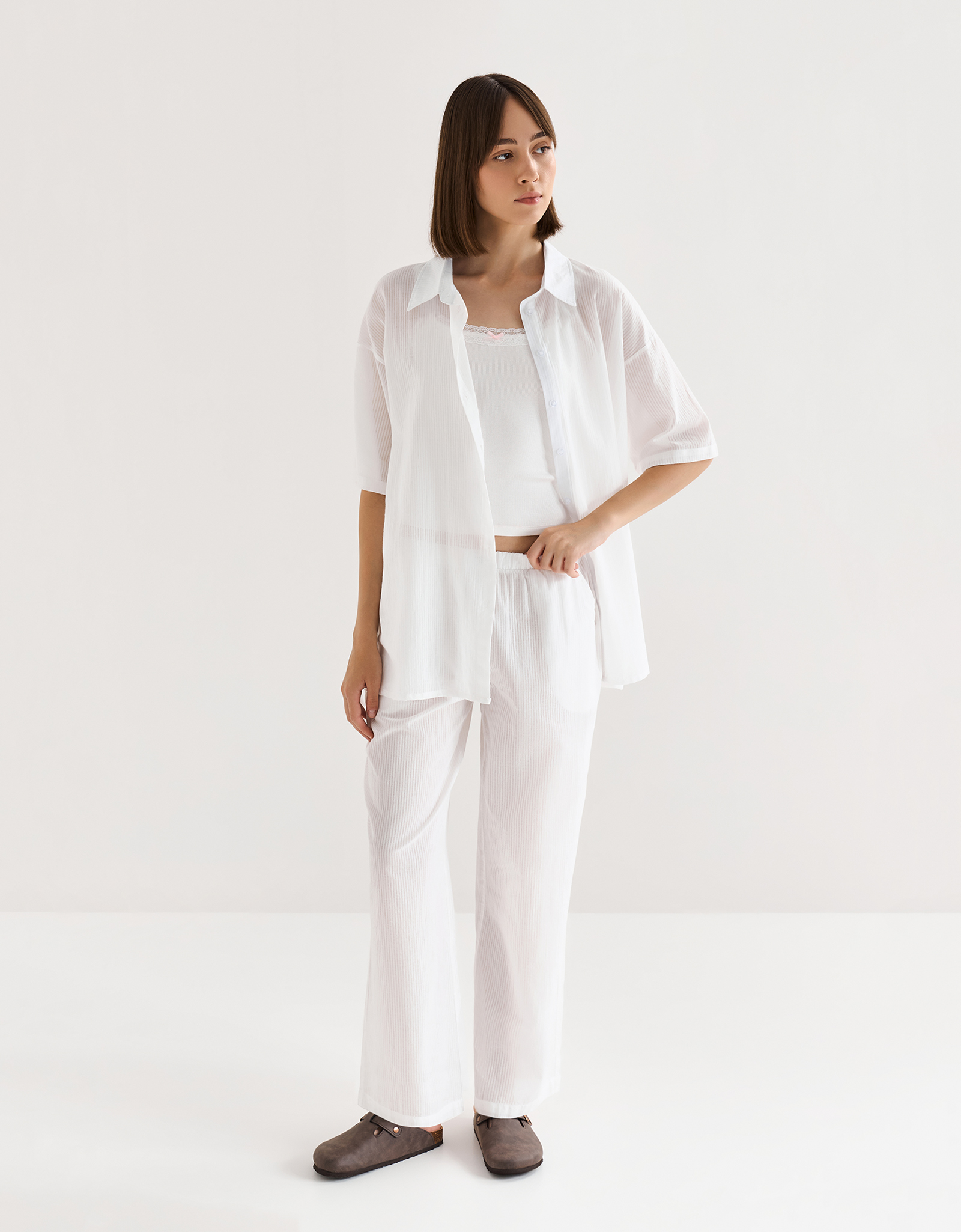 Women's shirt, homewear, size L, with short sleeves, cotton, white, Stripes, Leticia, image-5