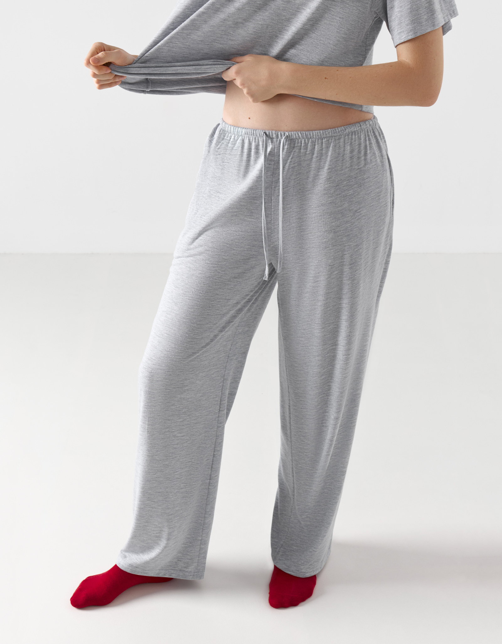 Women's trousers, homewear, size L, polyester / viscose / lurex, light gray, Awereona, image-5