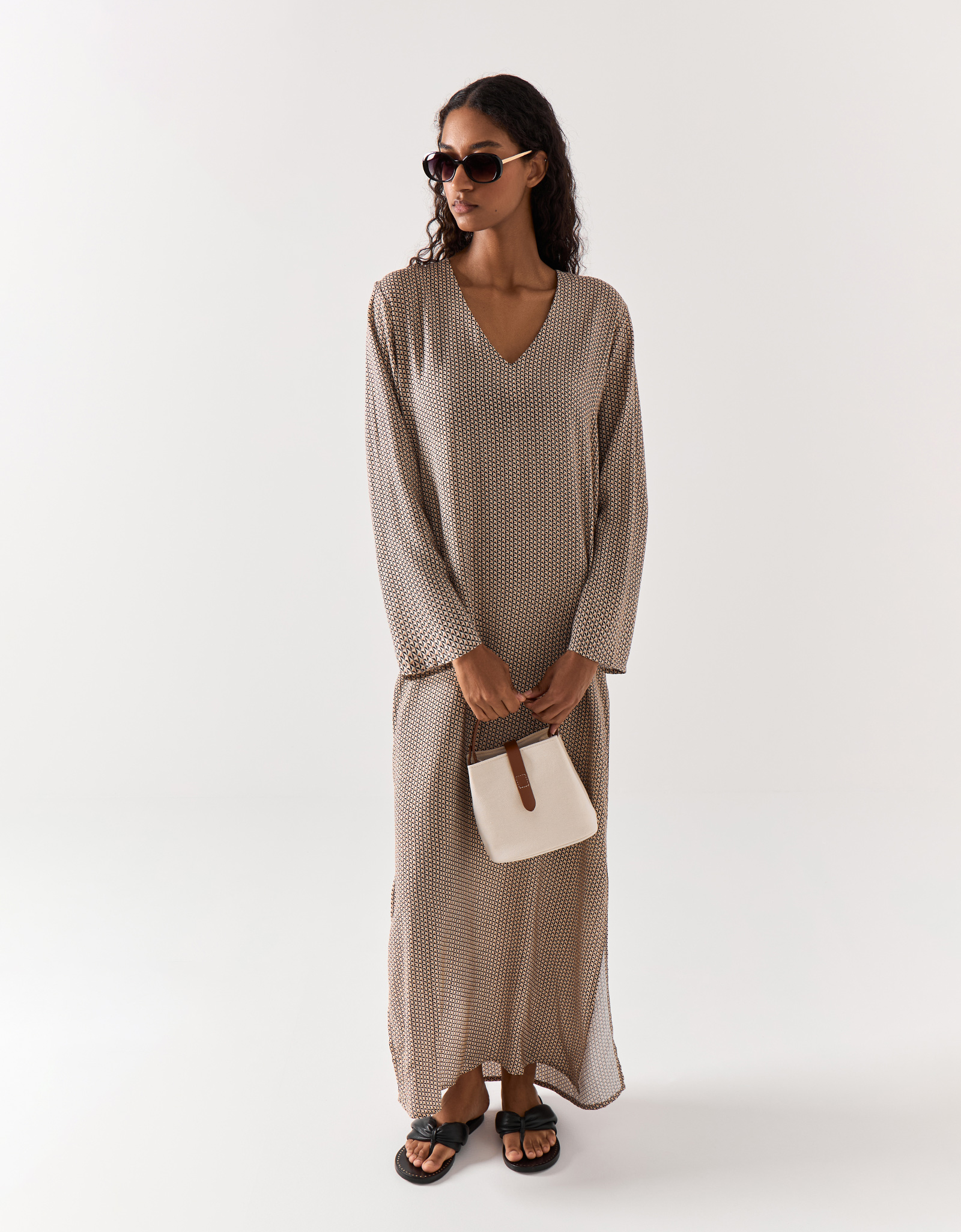 Women's dress, maxi, size L, with long sleeves, viscose, beige, Geometric Pattern, Emri, image-0