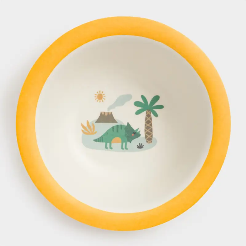 Soup plate, children's, 15x4 cm, bamboo, yellow, Dinosaur and palm tree, Dino ,image-0