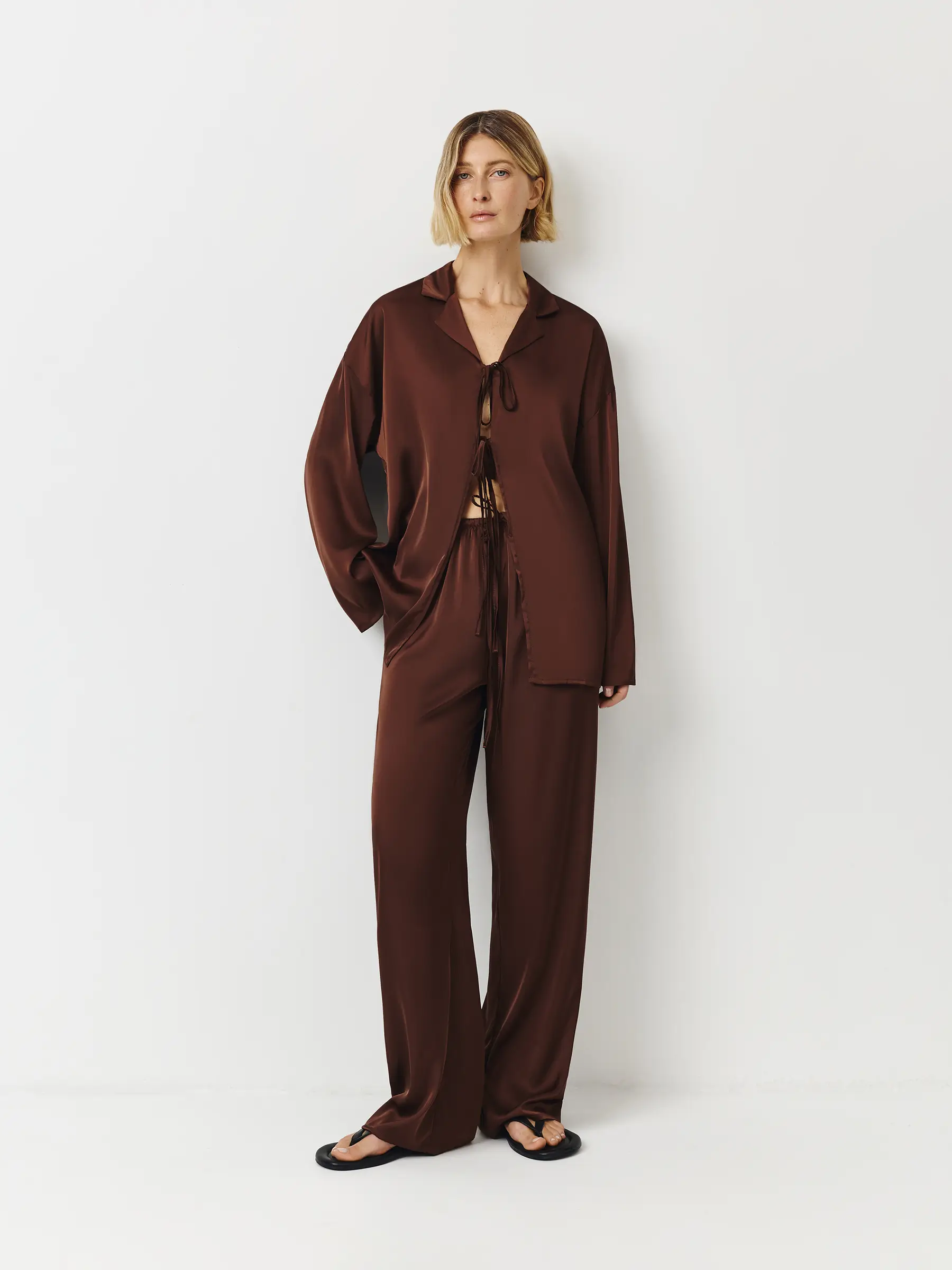 Women's trousers, homewear, size L, polyester, brown, Derin