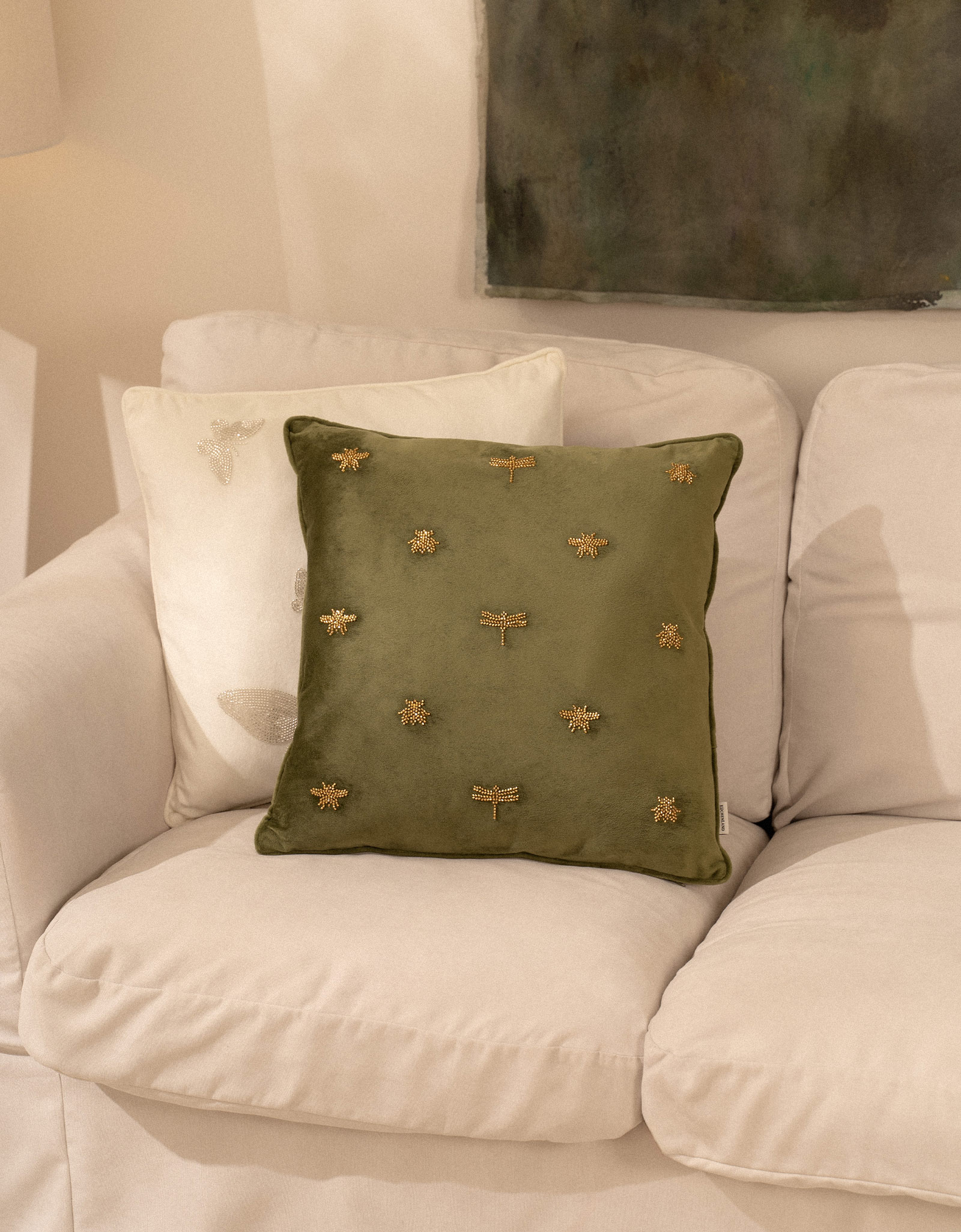 Decorative pillow, 45x45 cm, velvet/beads, milky, Dragonflies and beetles, Bugs, image-3