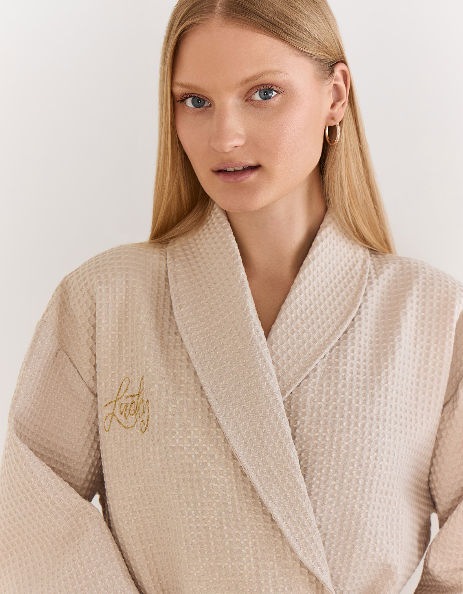 Women's robe, homewear, size L, with long sleeves, waffle, cotton, milky, Lucky, Stefani, image-2