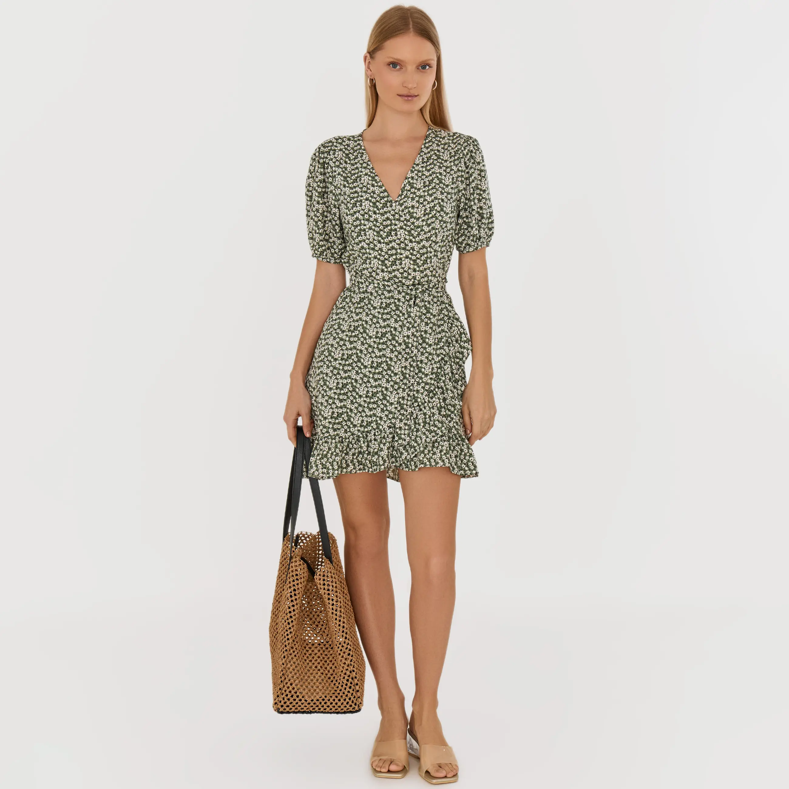 Women's wrap dress, mini, size L, with short sleeves, viscose, blue, Flowers, Marcia