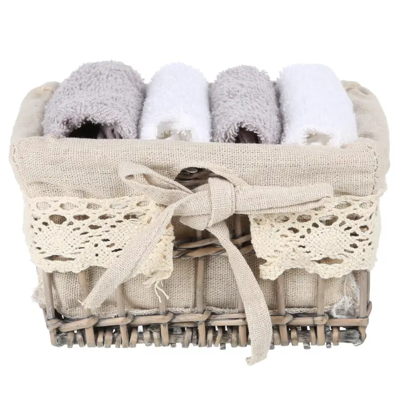 Towel, 30x30 cm, 4 pcs, in a basket, cotton / wood, white / gray, Basket towel, image-0