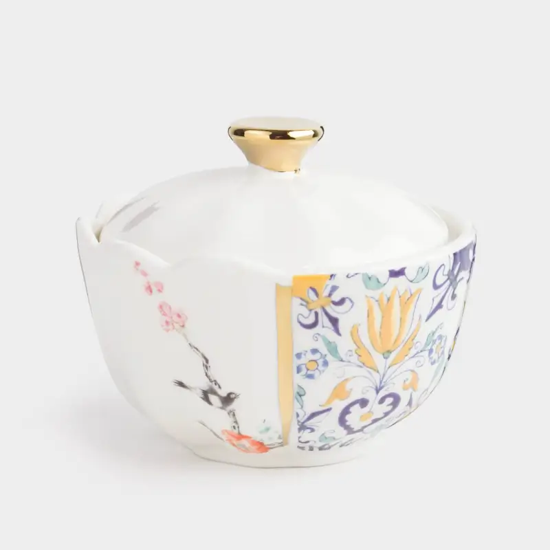 Sugar bowl, 8 cm, ml, porcelain N, white and gold, Kintsugi, Kintsugi