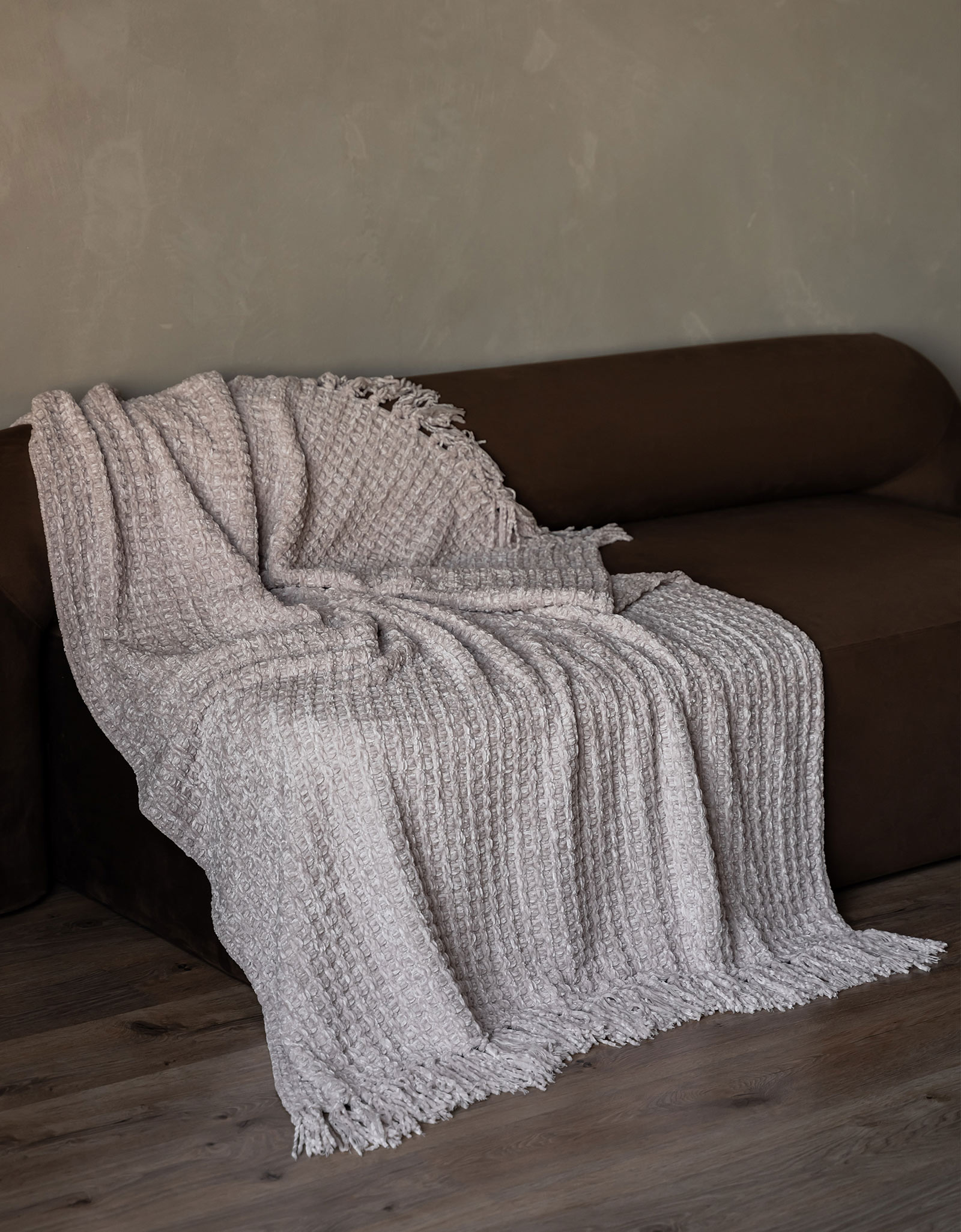 Plaid, 130x160 cm, with fringe, Chenille, sand, Chenill