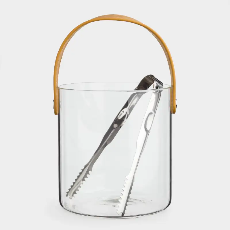 Ice bucket, 14 cm, with handle and tongs, Glass / PU leather, Clear devo ,image-0