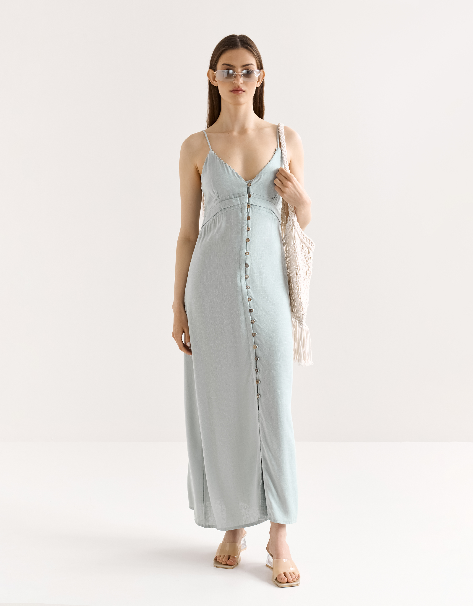 Women's dress, maxi, size L, with straps, viscose, beige, Tella, image-0