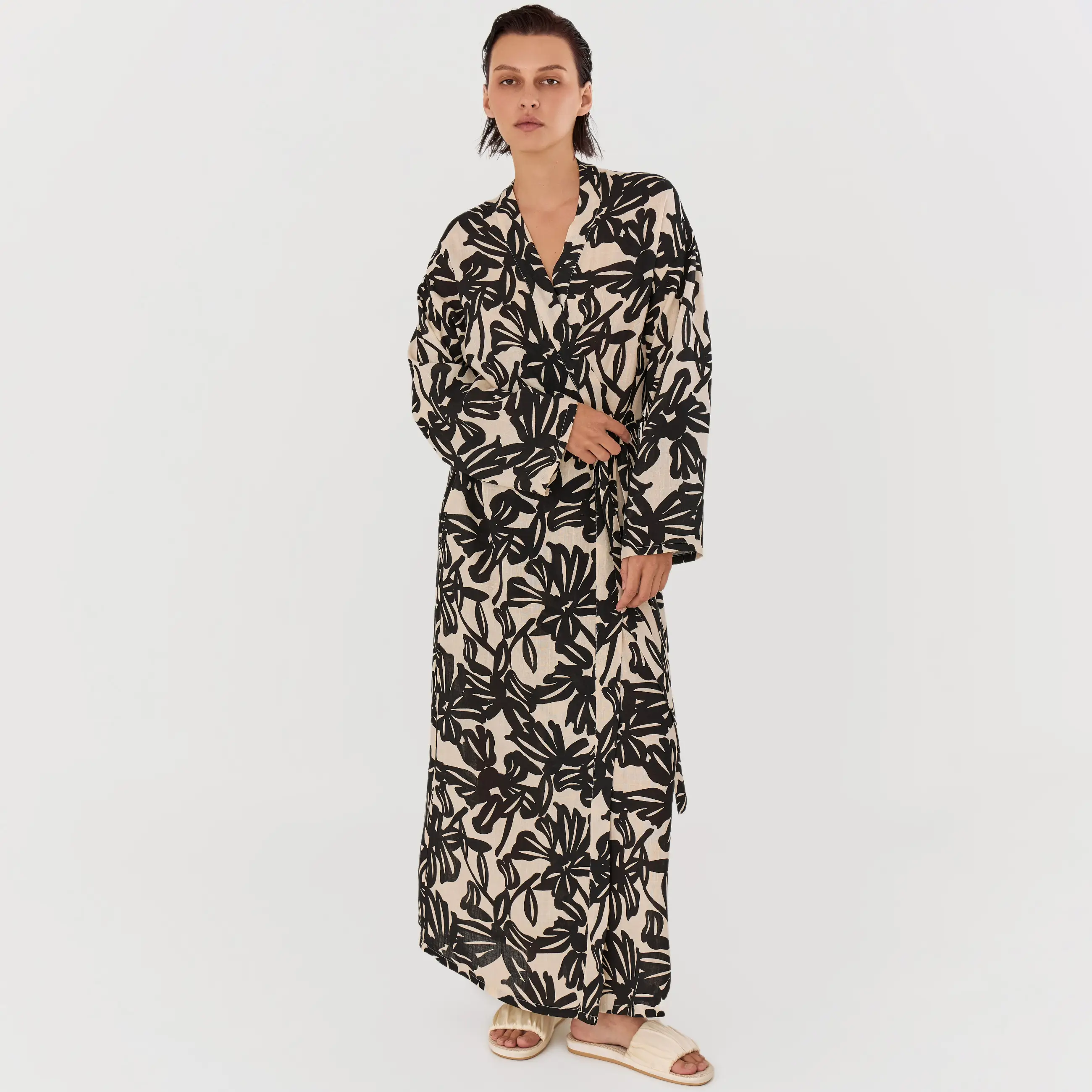 Women's robe, size L, with long sleeves, viscose, beige-black, Abstract flowers, Almi