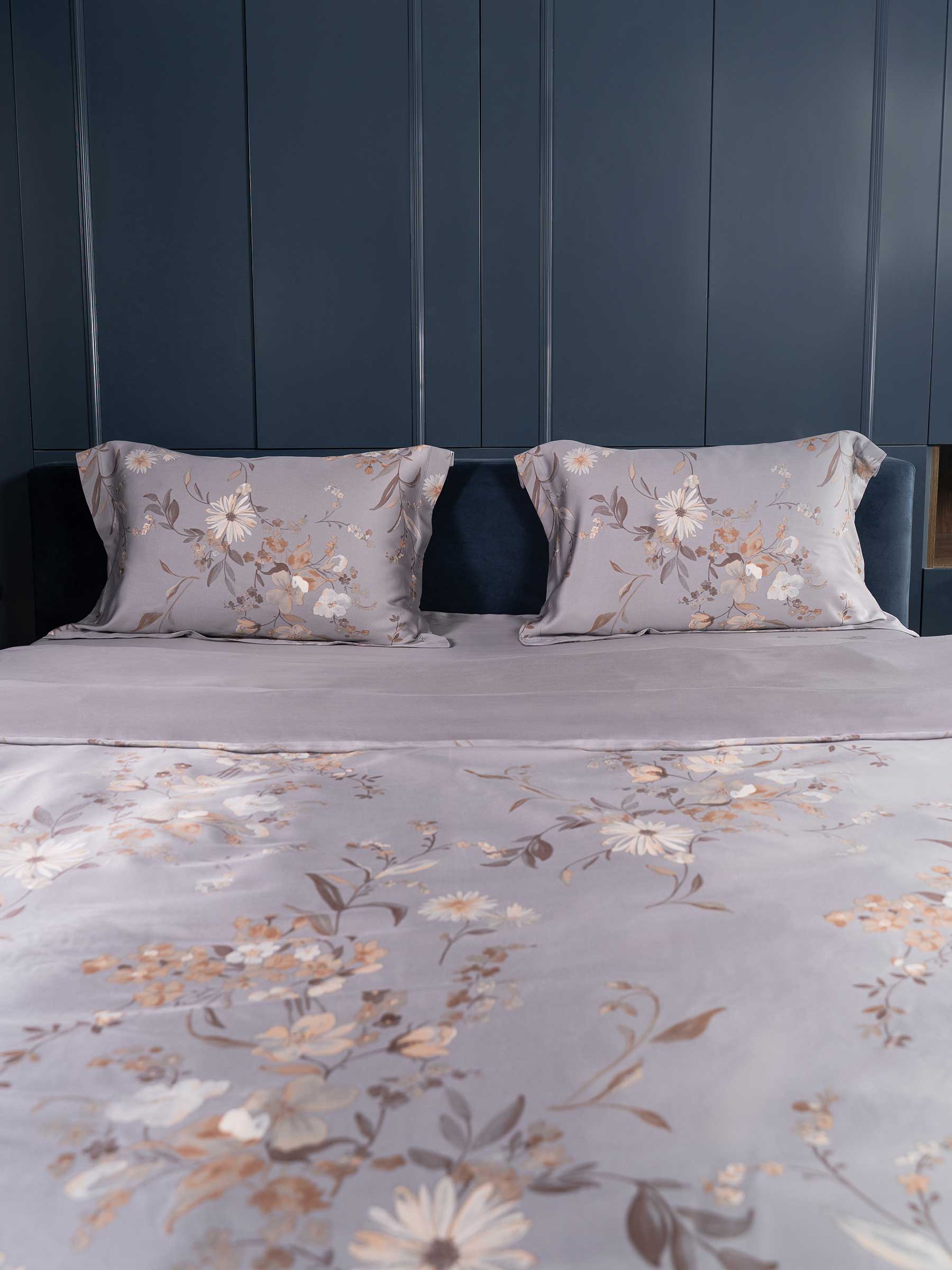 Bed linen set, euro, Tencel 300 TC, grey, Flowers and leaves, Tencel, image-1