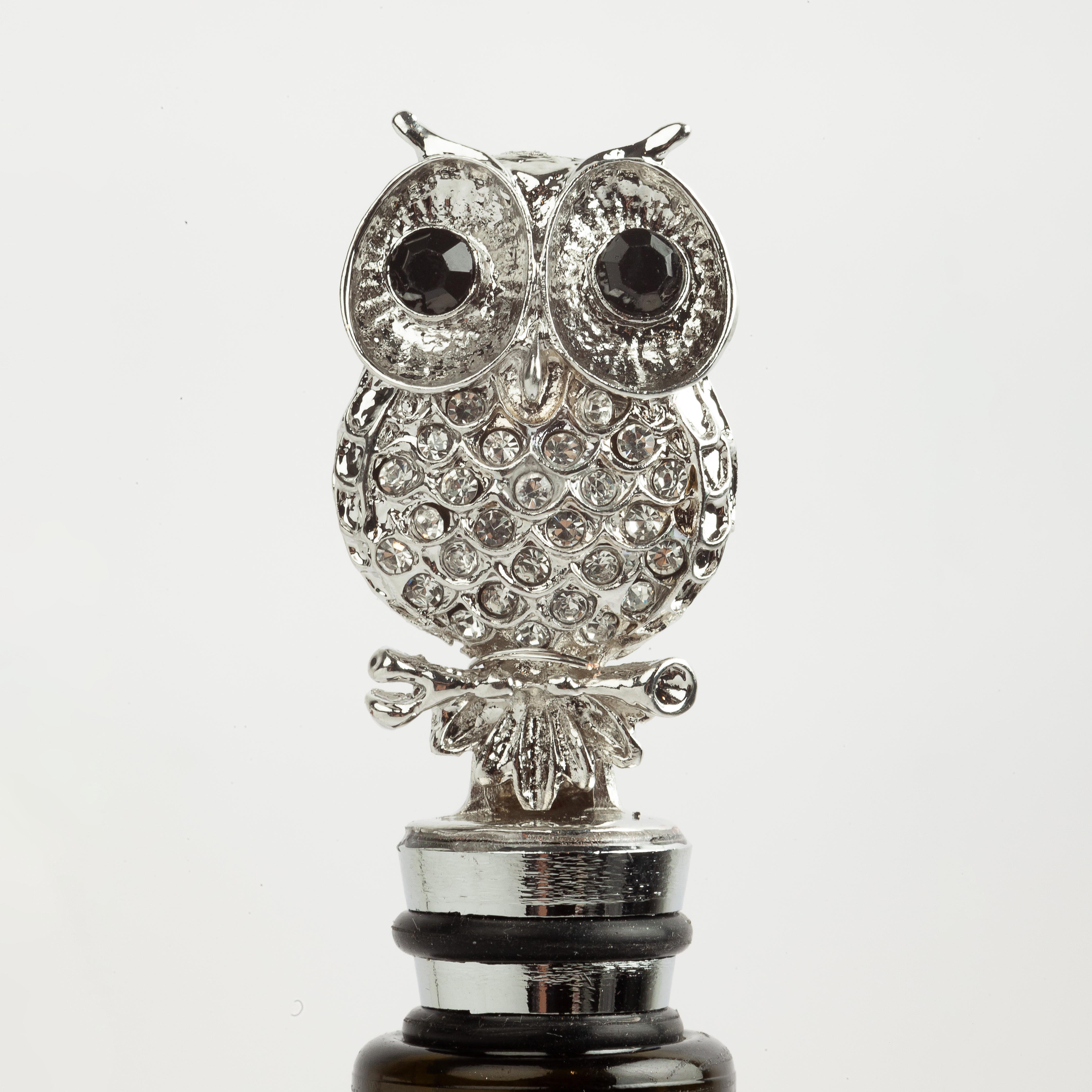 Wine bottle stopper, 11 cm, metal/rhinestones, silver, Owl, Birds, image-4
