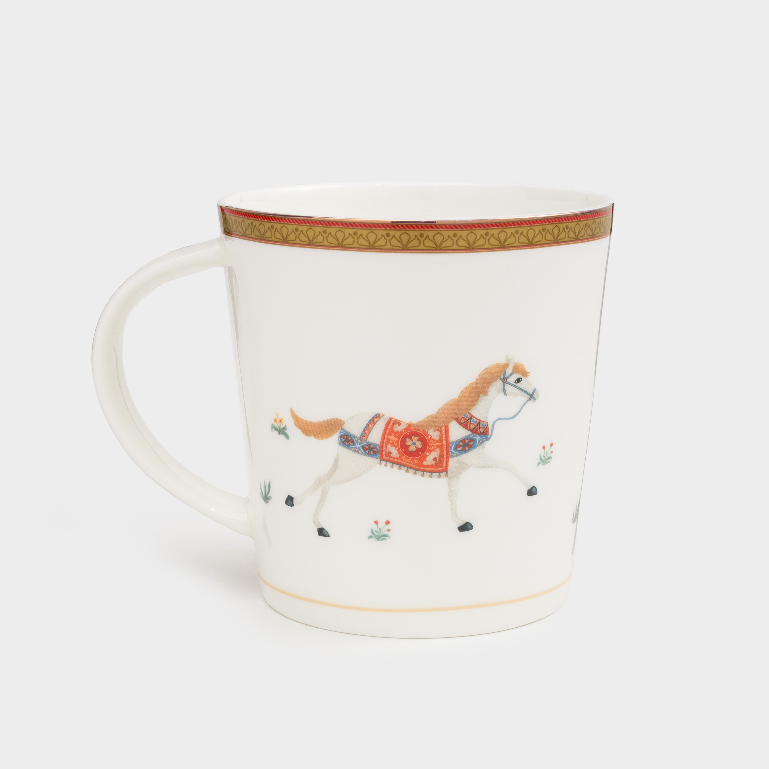 Mug, 450 ml, porcelain F, white, with golden edging, Horses in sled, Blue wind, image-2