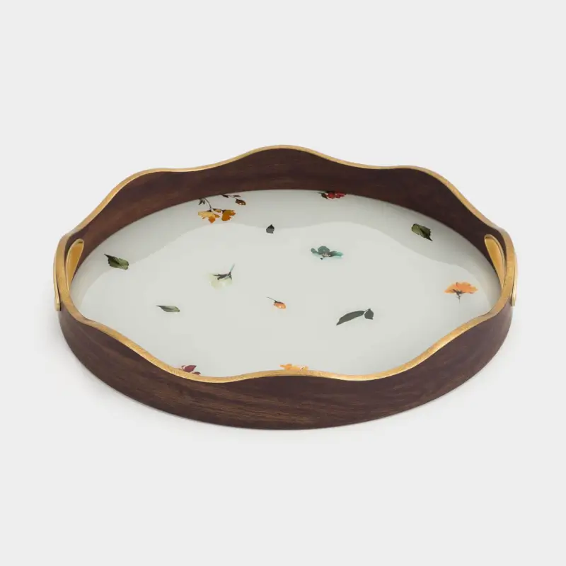 Tray, 34 cm, plastic / glass, round, golden, Flowers, Generic flowers