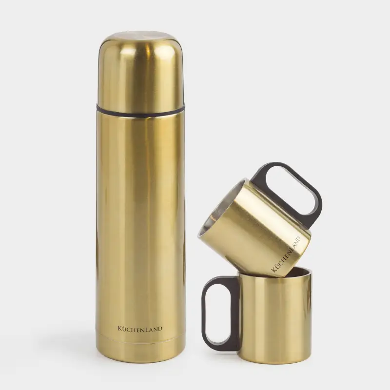Set for drinks, 2 persons, 3 items, travel, thermos 750 ml, steel / plastic, golden, Classic gold ,image-0