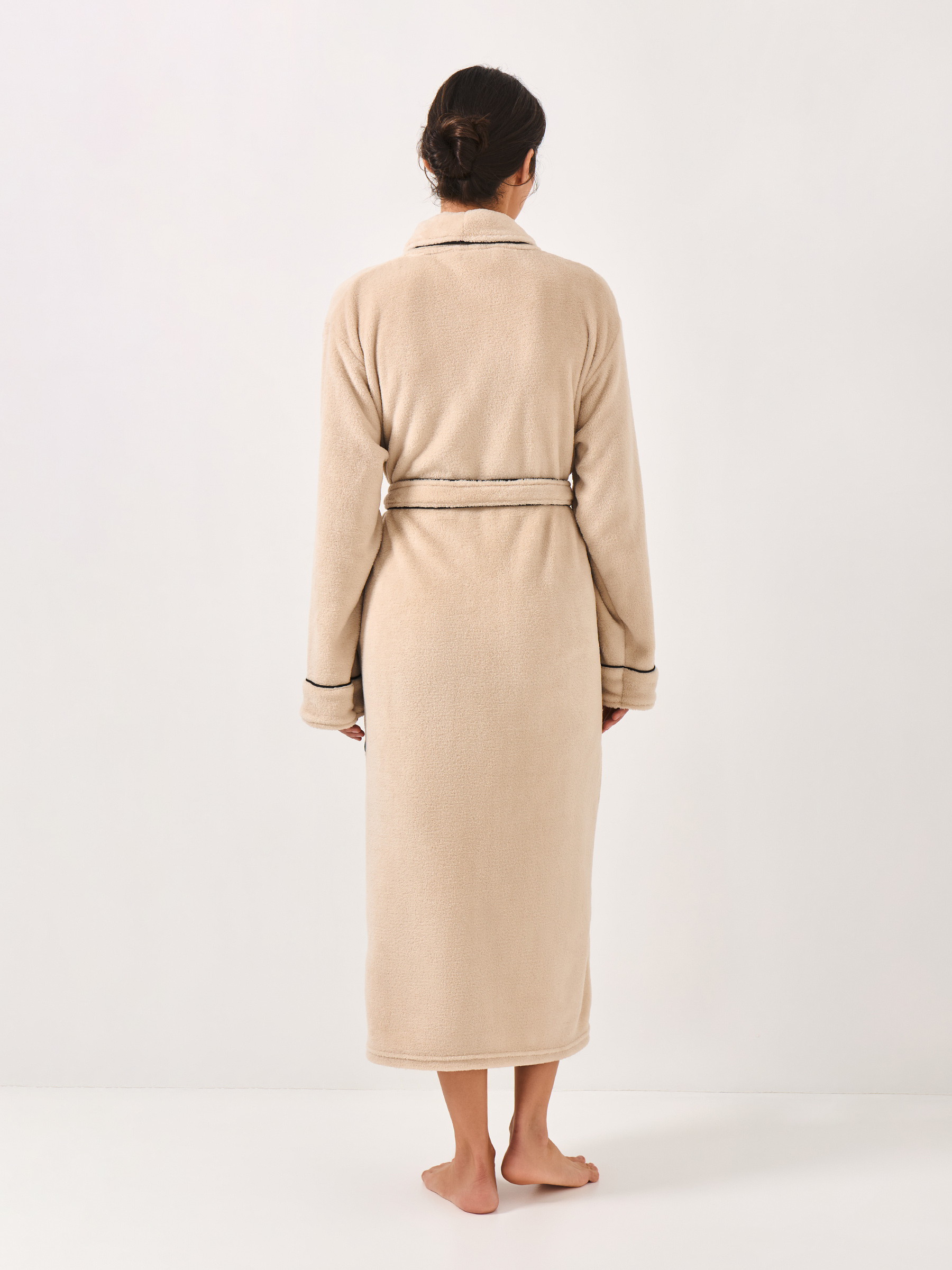 Women's robe, homewear, size S / M, with long sleeves, fleece, beige, Black edging, Jack, image-4