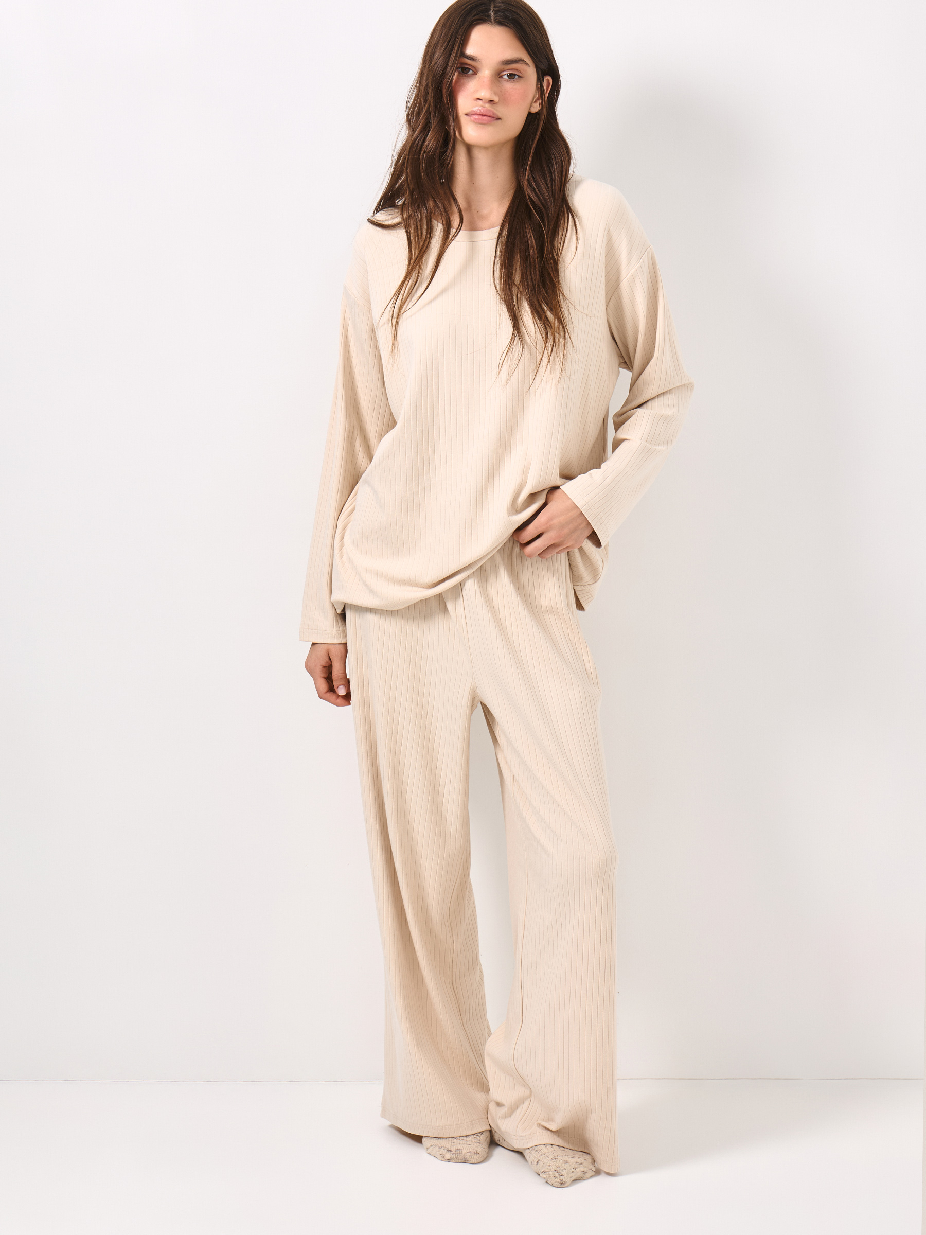 Women's trousers, homewear, size S, viscose/spandex, sand, Camaria, image-0