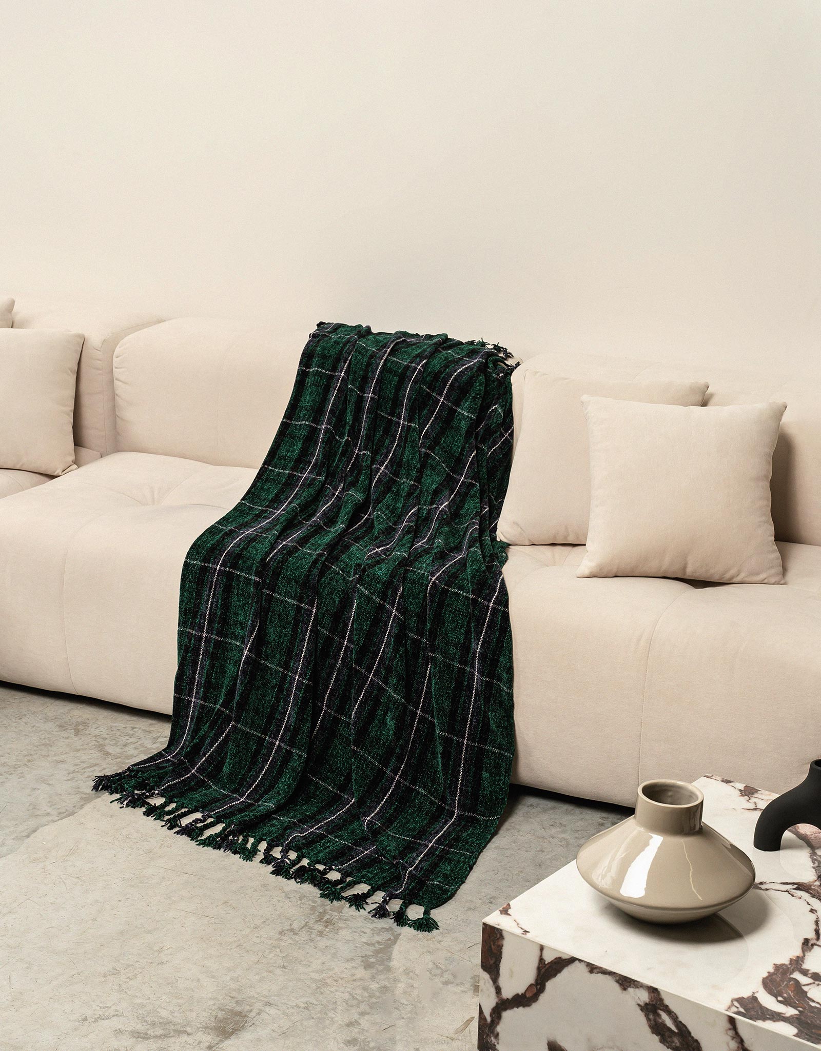 Plaid, 130x170 cm, fringed, chenille, green-blue, Checkered, Hazel, image-6