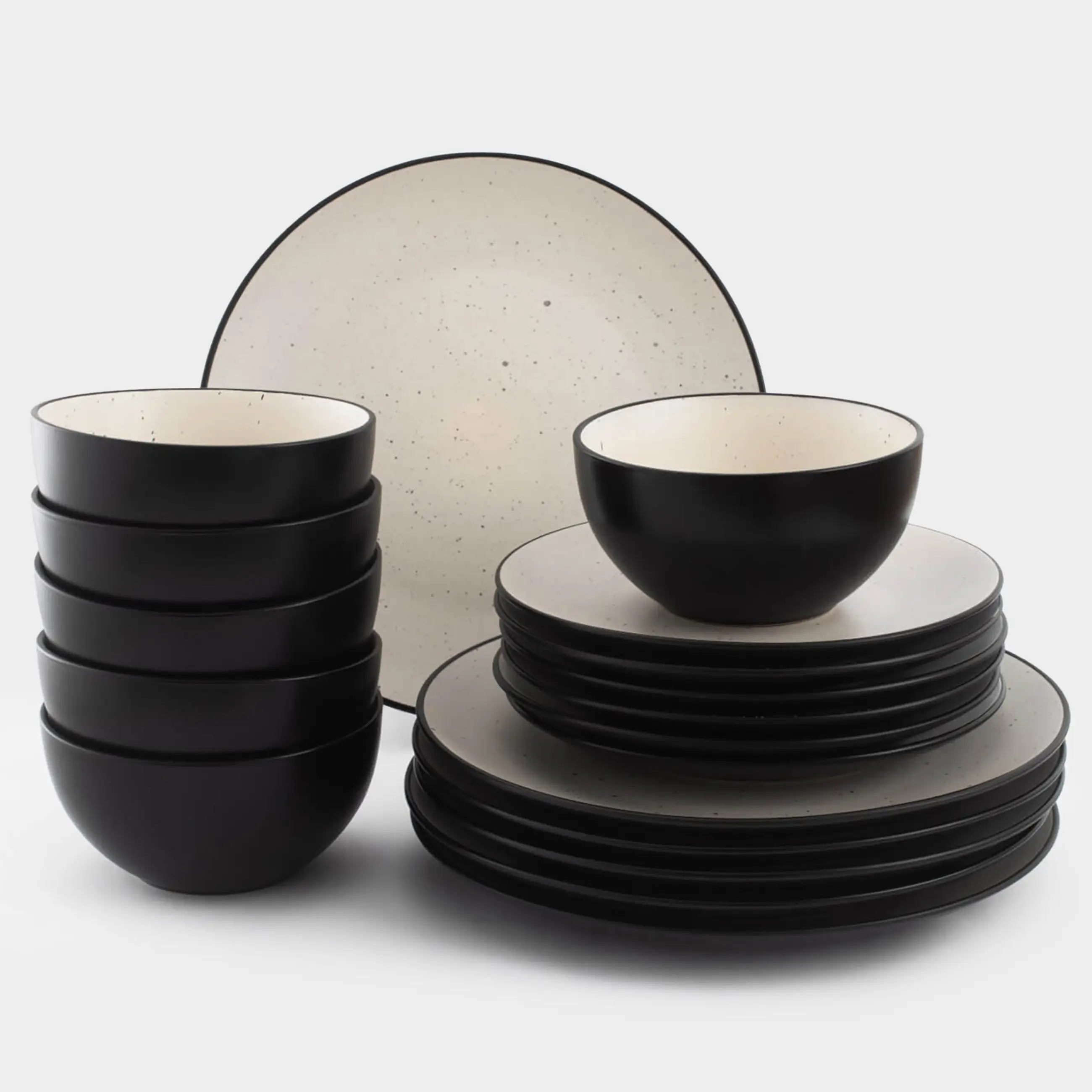 Dinner set, 6 persons, 18 ave, ceramics, black and white, speckled, Isernia, image-0