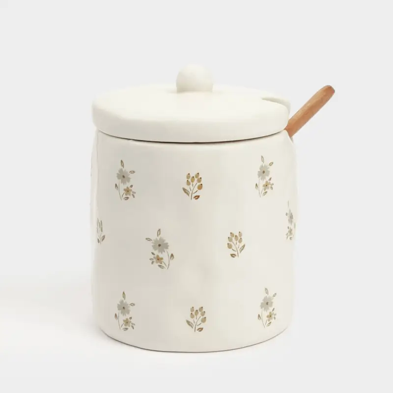 Sugar bowl, 11 cm, 370 ml, with spoon, ceramic / wood, milk, Vintage flowers, La flore ,image-0