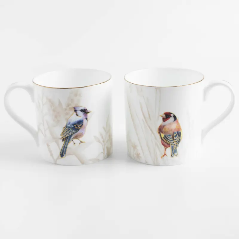 Mug, 380 ml, 2 pcs, porcelain F, with golden edging, Goldfinch and blue jay, Paradise bird