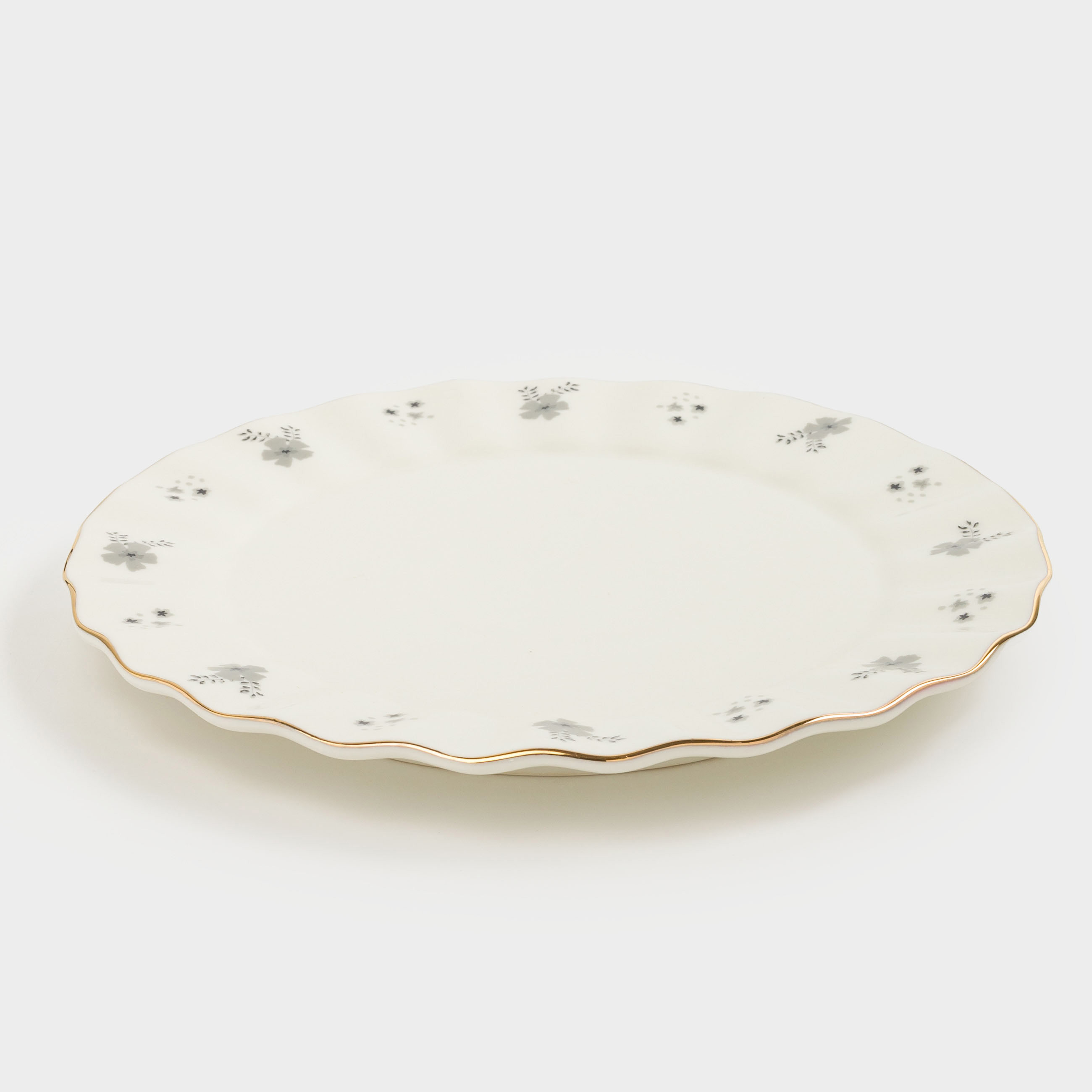 Dessert plate, 20 cm, porcelain P, milky, with golden edging, gray flowers, Florals, image-1