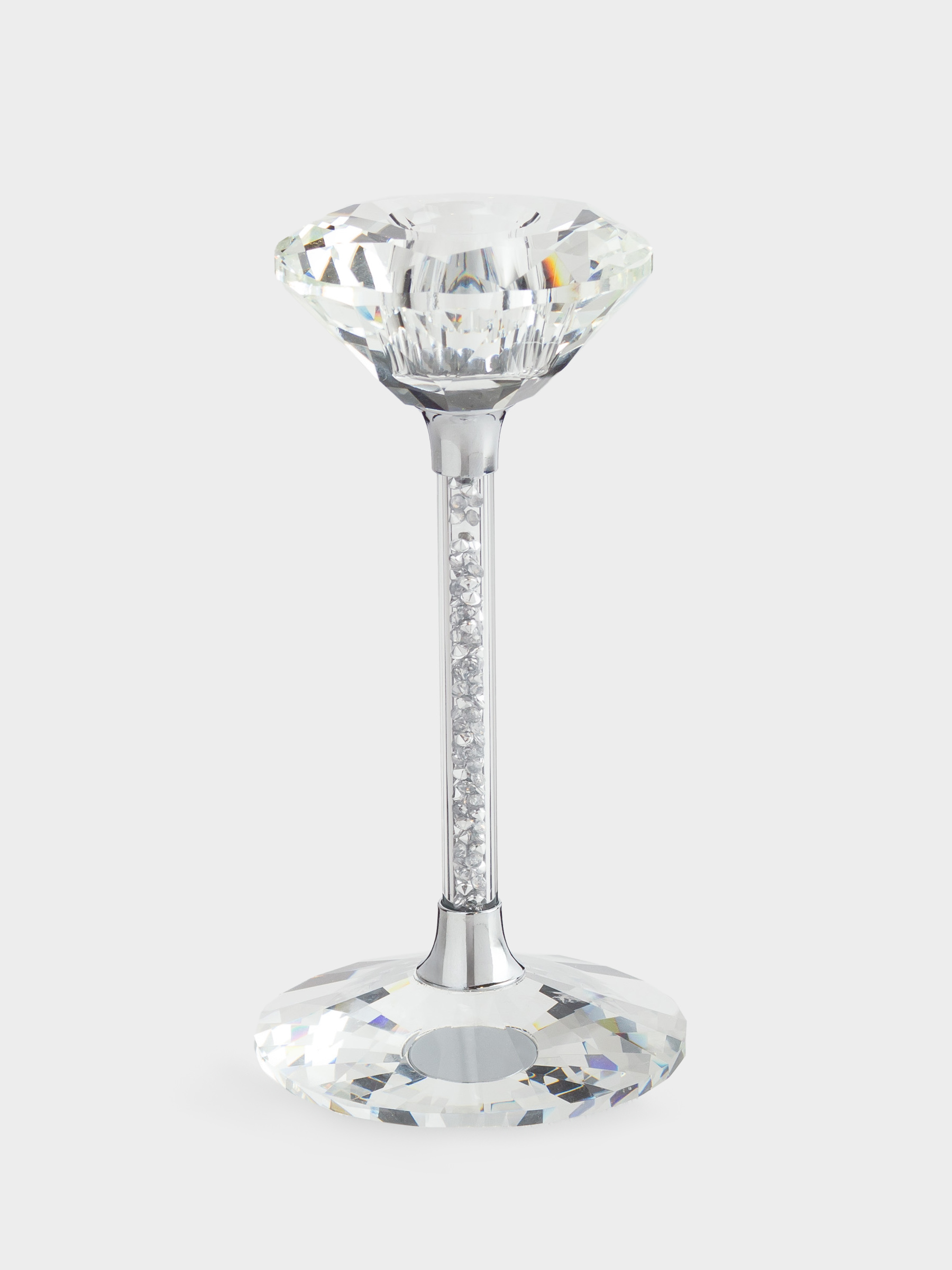 Candlestick, 15 cm, for a thin candle, on a leg, glass / rhinestones, Silver crystals, Diamond, image-1
