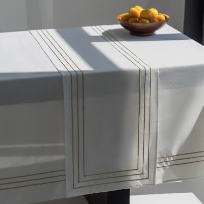 Table runner, 40x160 cm, polyester, white, Lines, Trim gold ,image-0