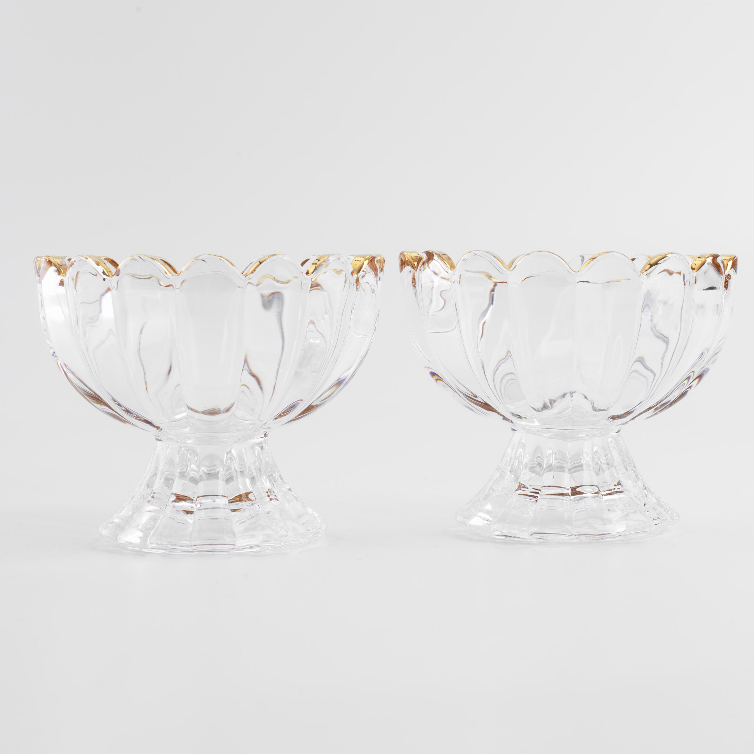 Cream bowl, 9x7 cm, 2 pcs, on a leg, glass R, with golden edging, Ribby gold, image-1