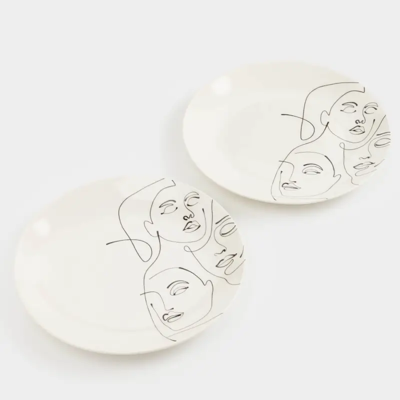 Snack plate, 23 cm, 2 pcs, porcelain N, Milk, Abstract faces, Face