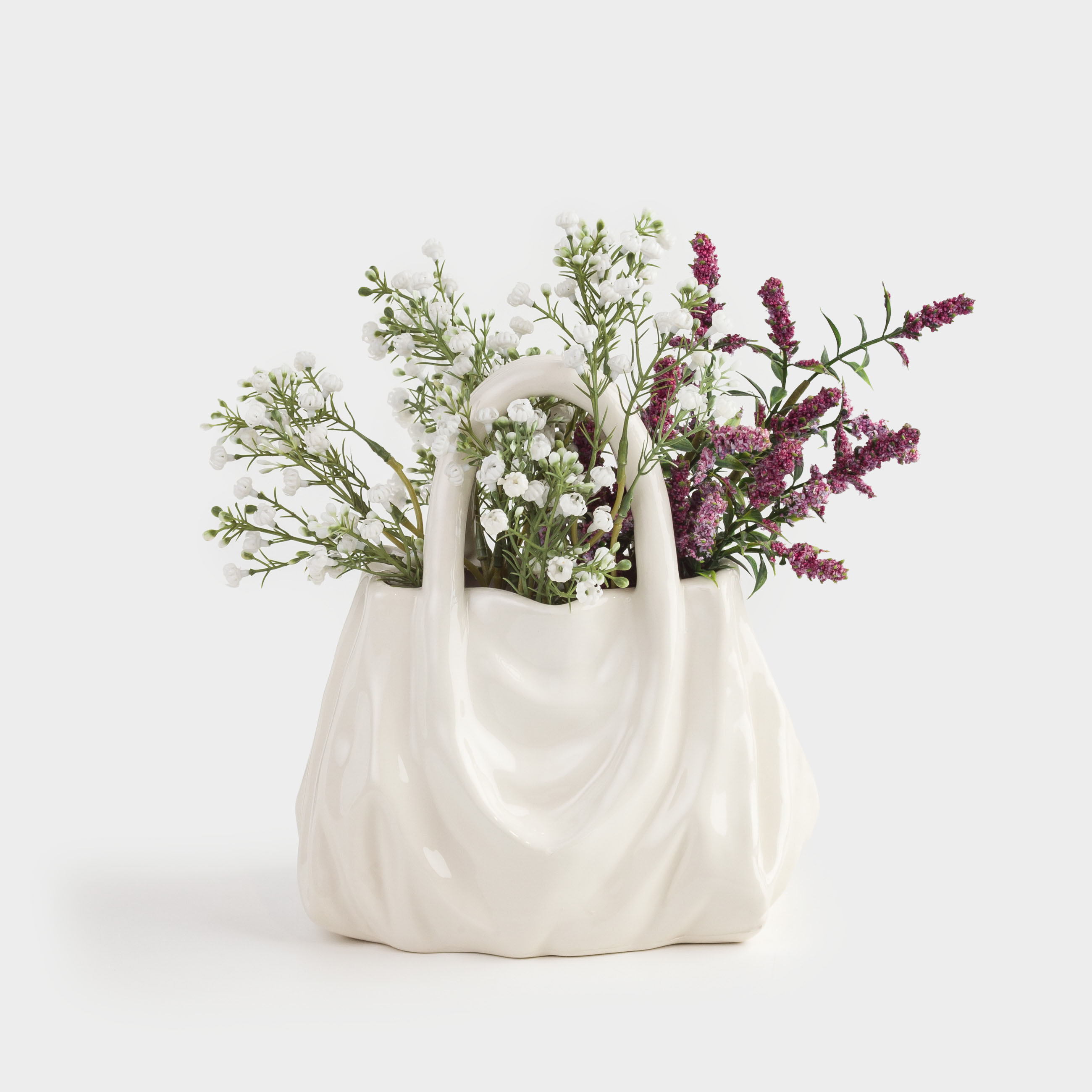 Flower vase, 20x22 cm, decorative, ceramic, milky, Crumpled effect, Bag, Crumple