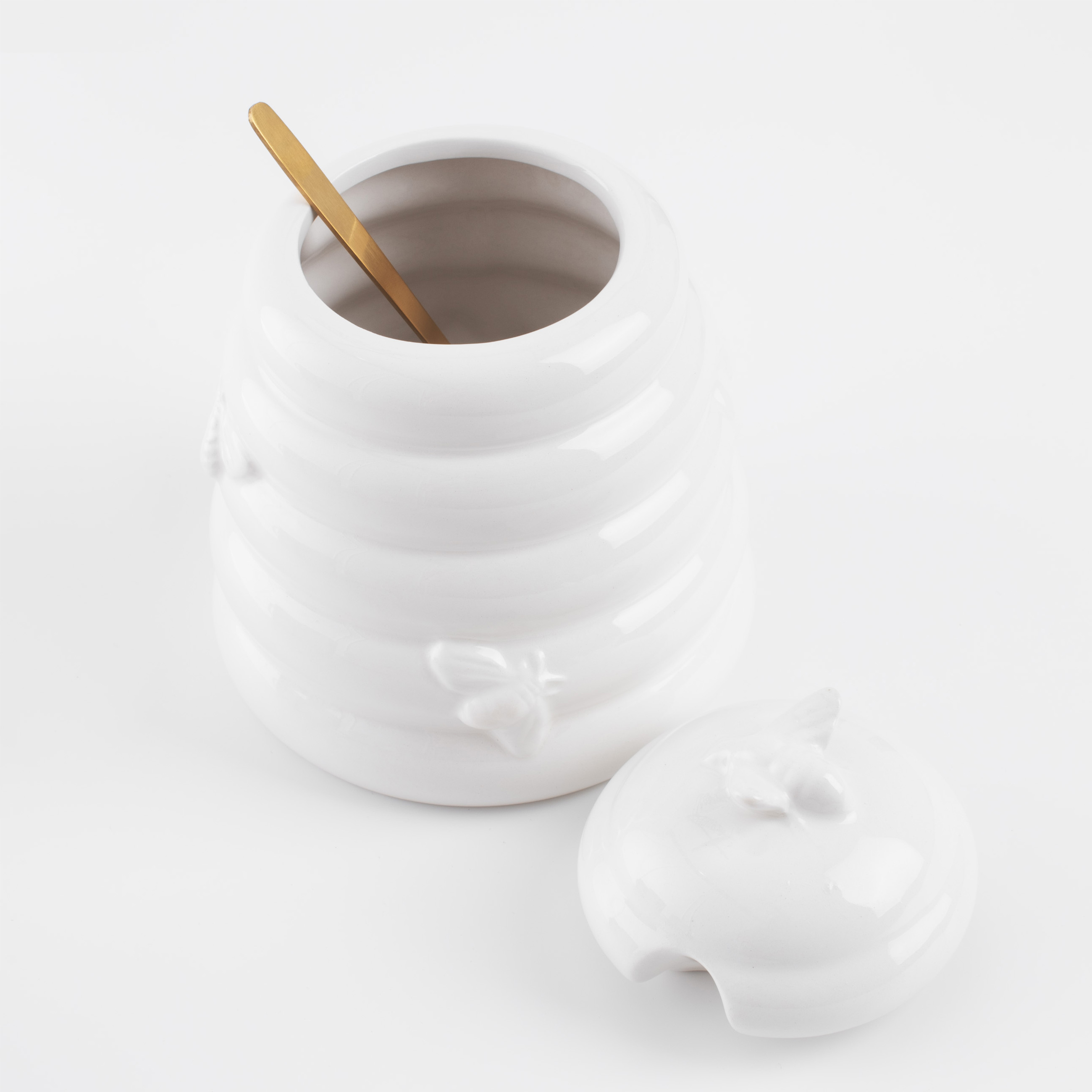Honey jar, 650 ml, with spoon, ceramic / steel, milk, Bees, Honey